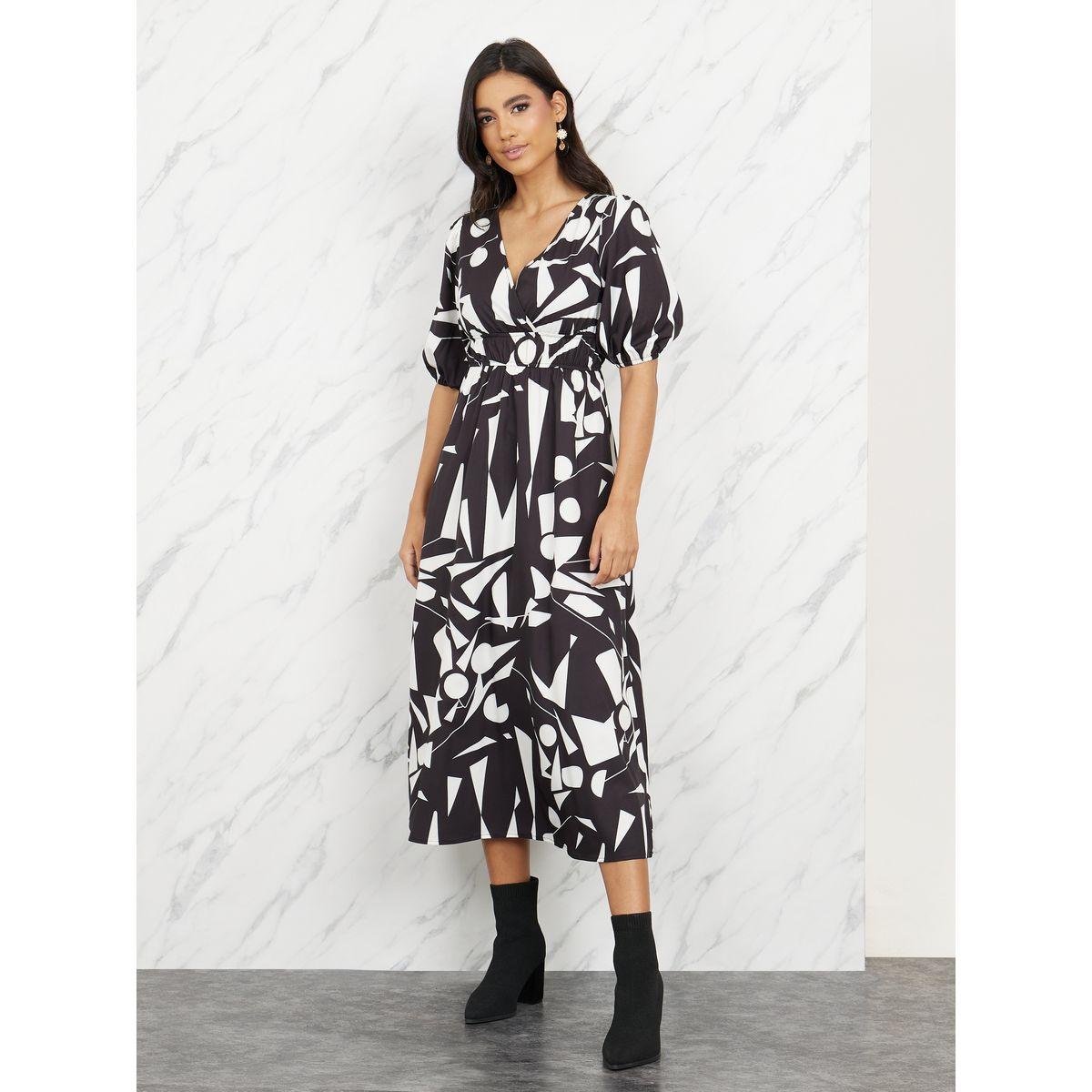 Styli  Geo Print Elasticated Waist A-Line Midi Dress-women-clothing-dresses-image-1