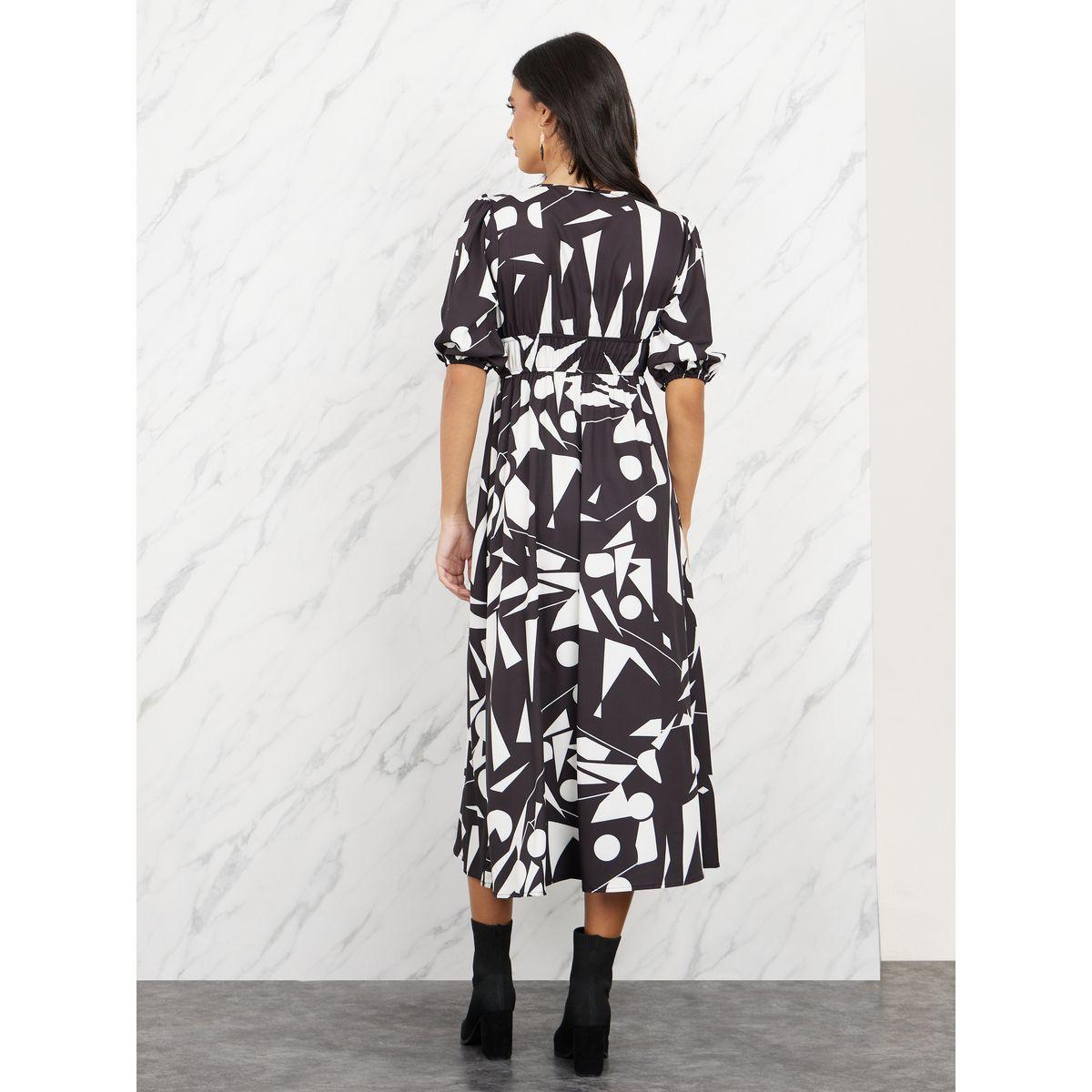 Styli  Geo Print Elasticated Waist A-Line Midi Dress-women-clothing-dresses-image-4