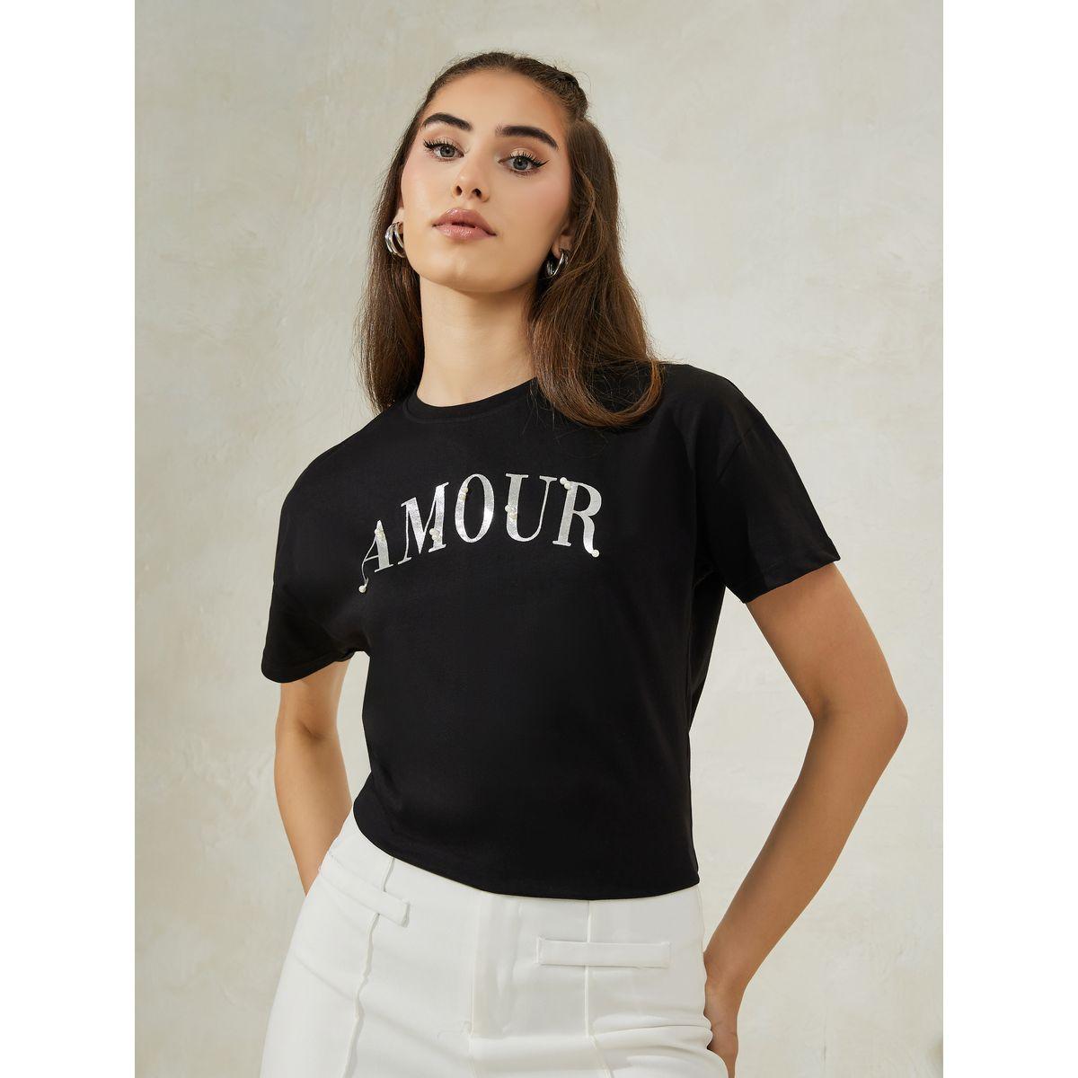 Styli Regular Fit Dropped Shoulder Amour Rhinestone Slogan T-Shirt-women-clothing-tshirts-image-1