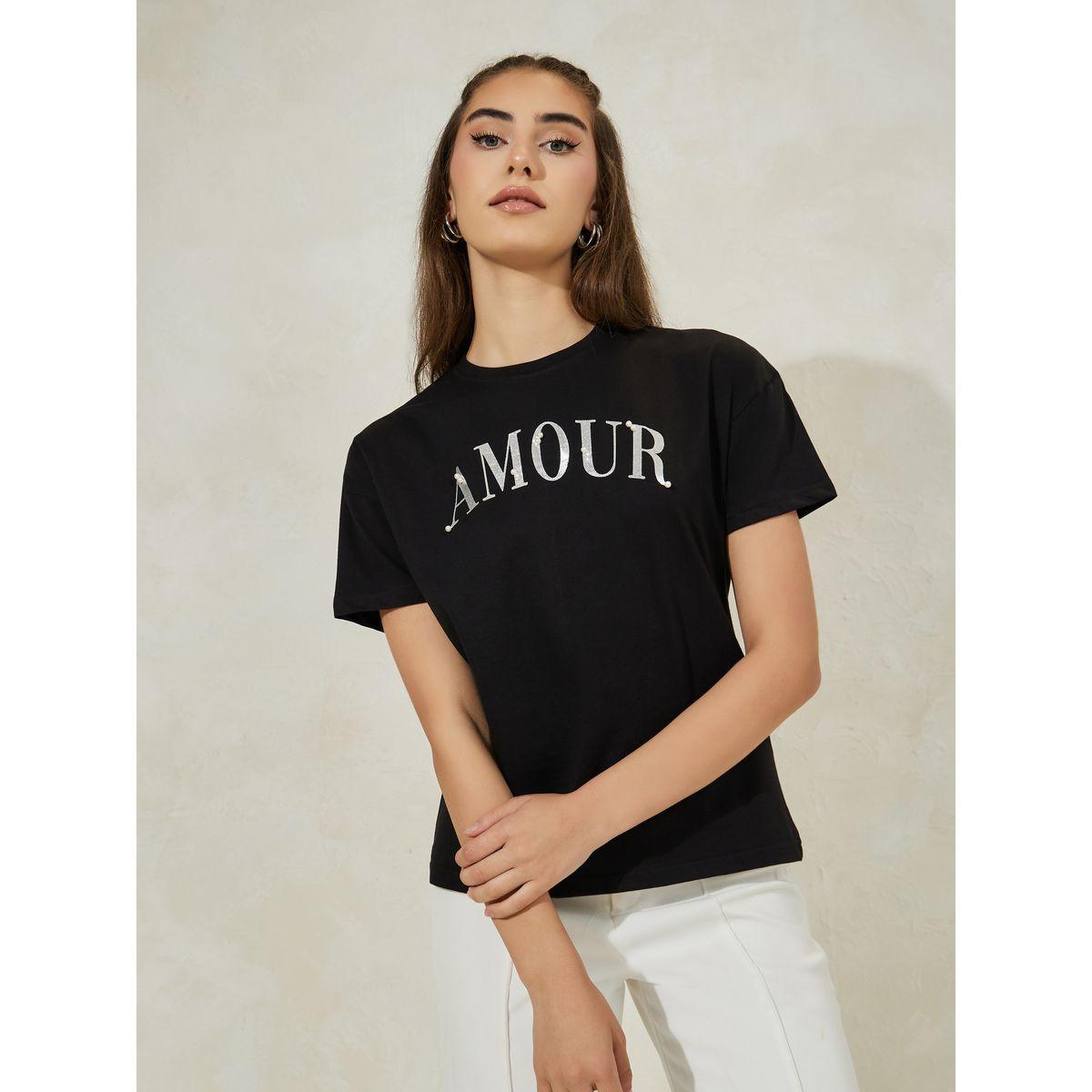 Styli Regular Fit Dropped Shoulder Amour Rhinestone Slogan T-Shirt-women-clothing-tshirts-image-2