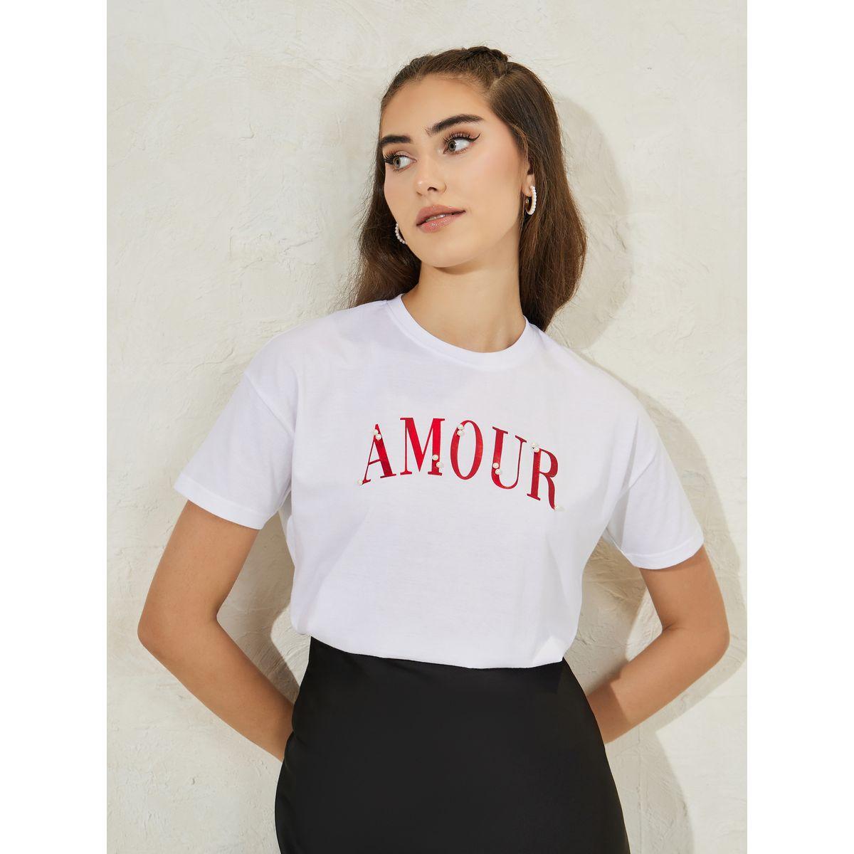 Styli Regular Fit Dropped Shoulder Amour Rhinestone Slogan T-Shirt-women-clothing-tshirts-image-1