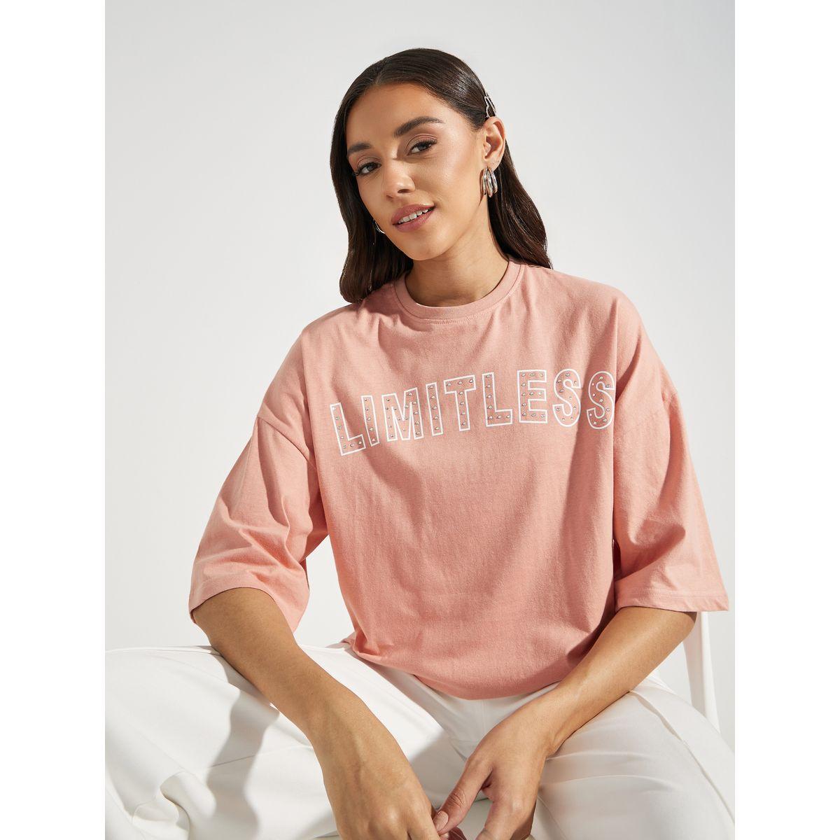 تيشيرت فضفاض مزين بحجر الراين مع اكتاف منخفضة-women-clothing-tshirts-image-1