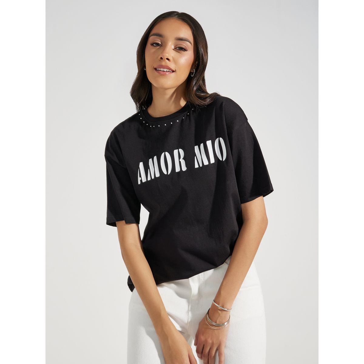 Styli Oversized Amor Mio Slogan Rhinestone Longline T-Shirt-women-clothing-tshirts-image-1