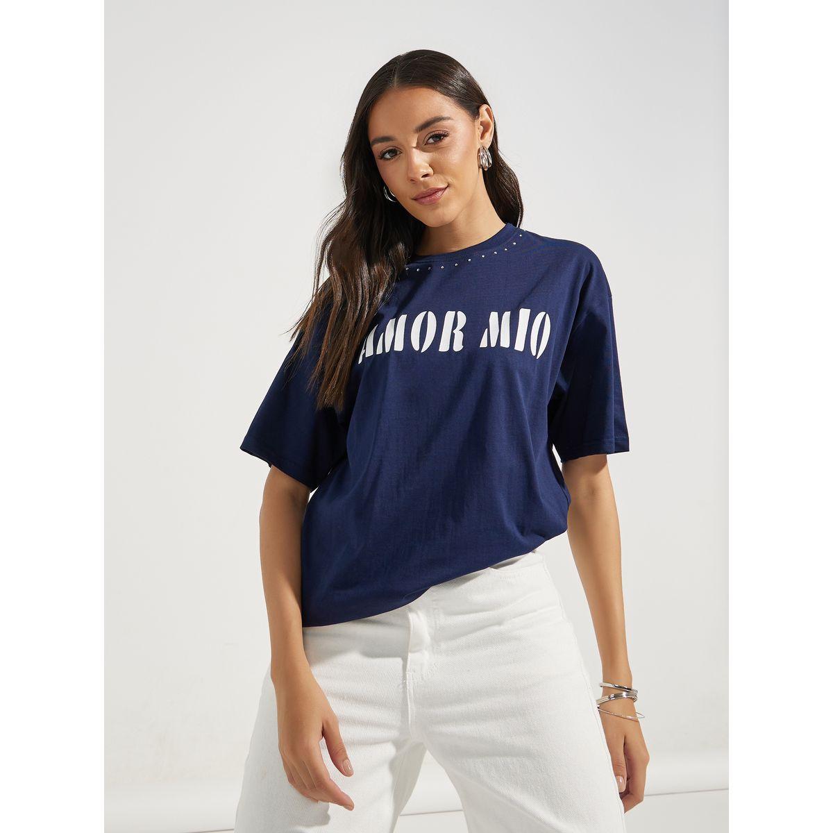 Styli Oversized Amor Mio Slogan Rhinestone Longline T-Shirt-women-clothing-tshirts-image-2