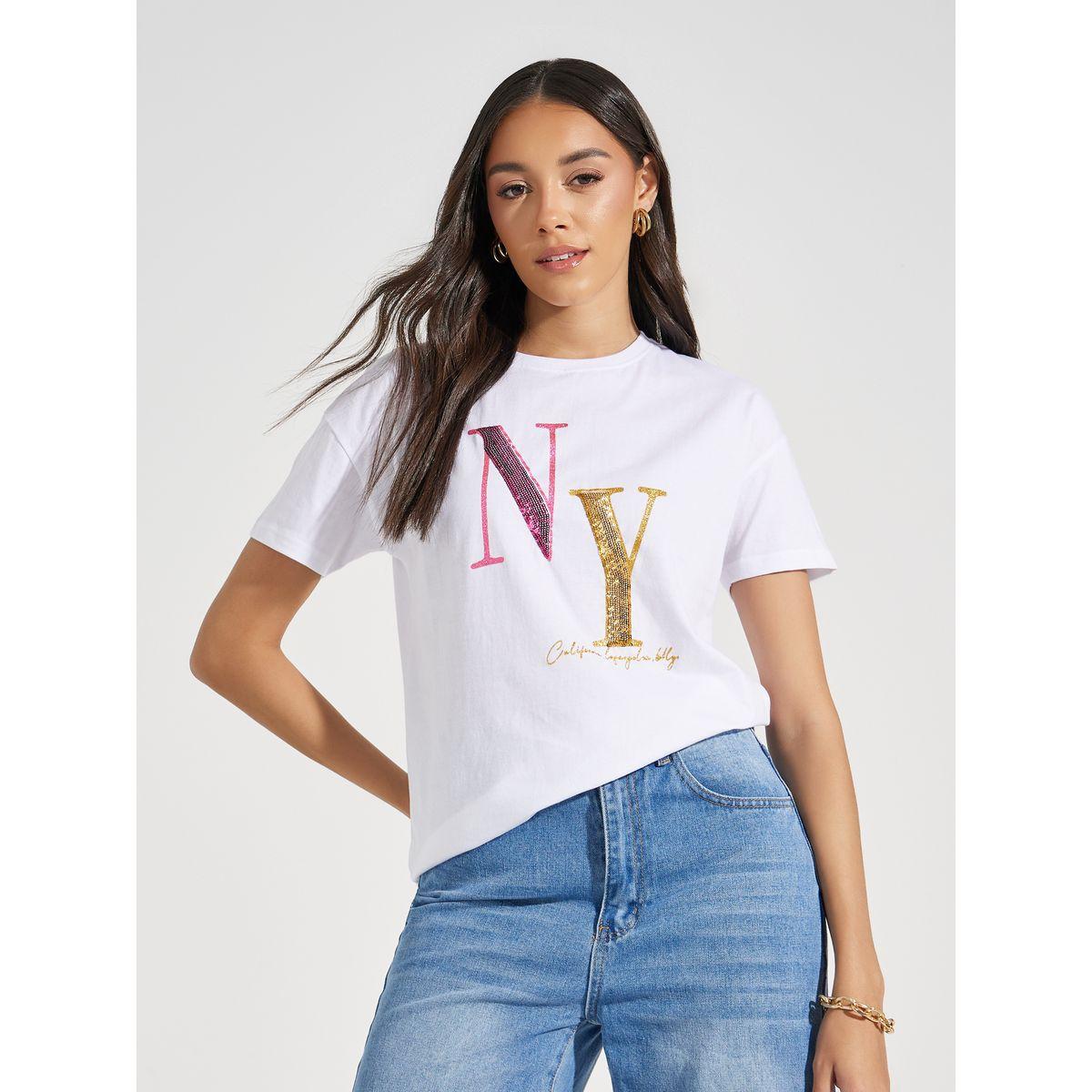 Styli Regular Fit NY Sequined Round Neck T-Shirt-women-clothing-tshirts-image-1