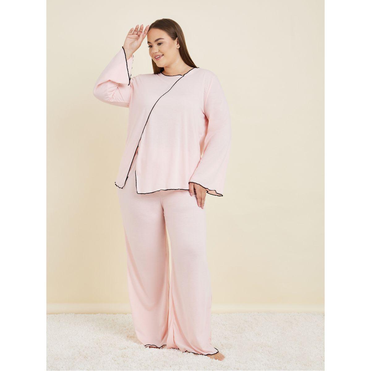 Styli Unwind Plus Contrast Edge Split Long Sleeve T-Shirt & Pyjama Set-women-clothing-nightwear-pyjamas-longsets-image-1