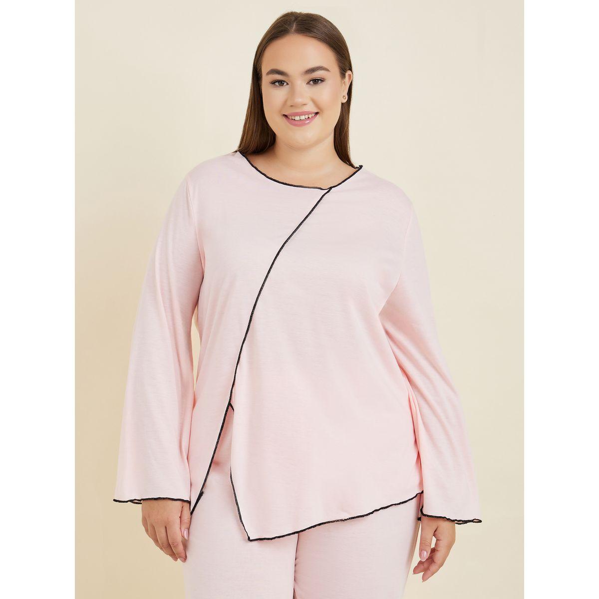 Styli Unwind Plus Contrast Edge Split Long Sleeve T-Shirt & Pyjama Set-women-clothing-nightwear-pyjamas-longsets-image-2
