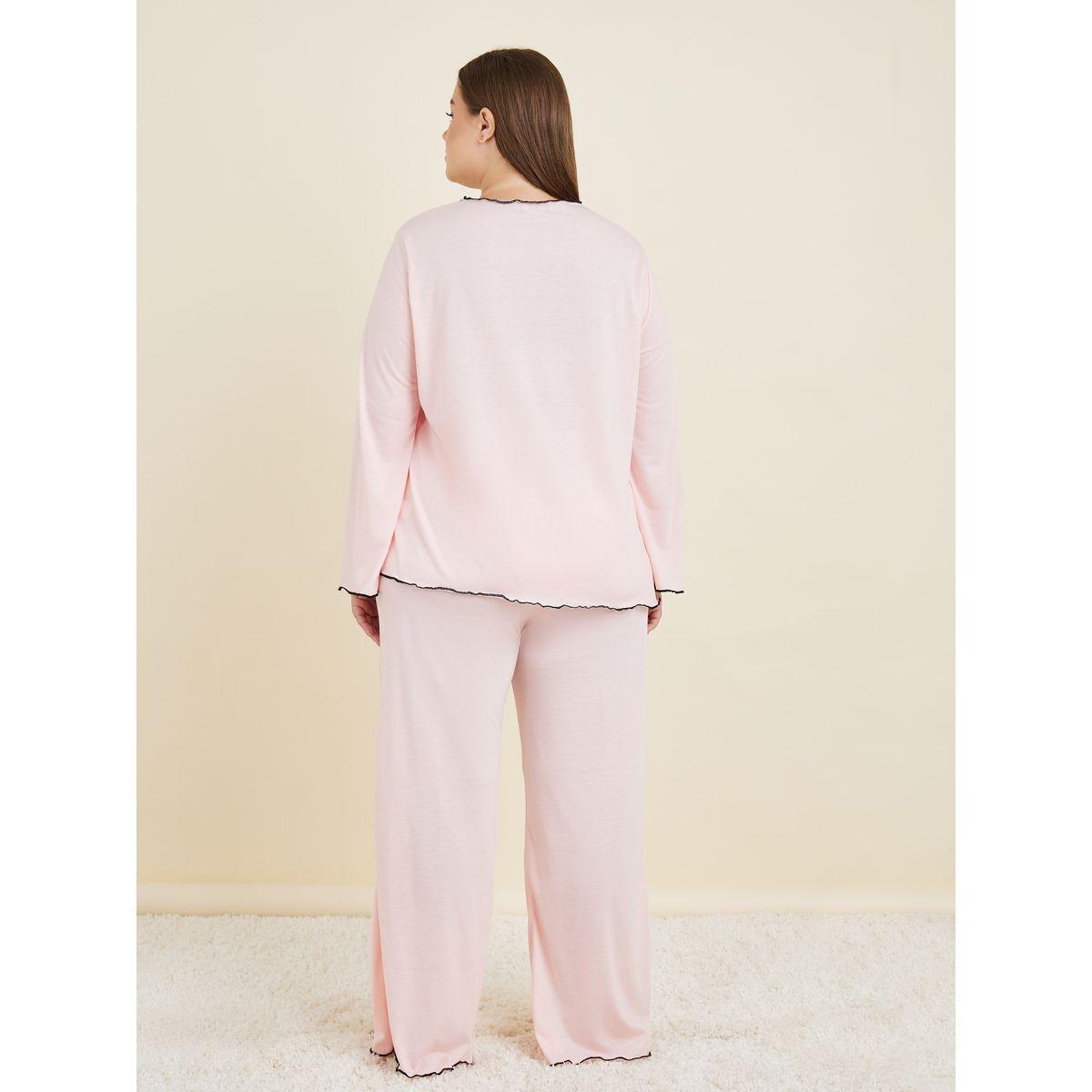 Styli Unwind Plus Contrast Edge Split Long Sleeve T-Shirt & Pyjama Set-women-clothing-nightwear-pyjamas-longsets-image-4