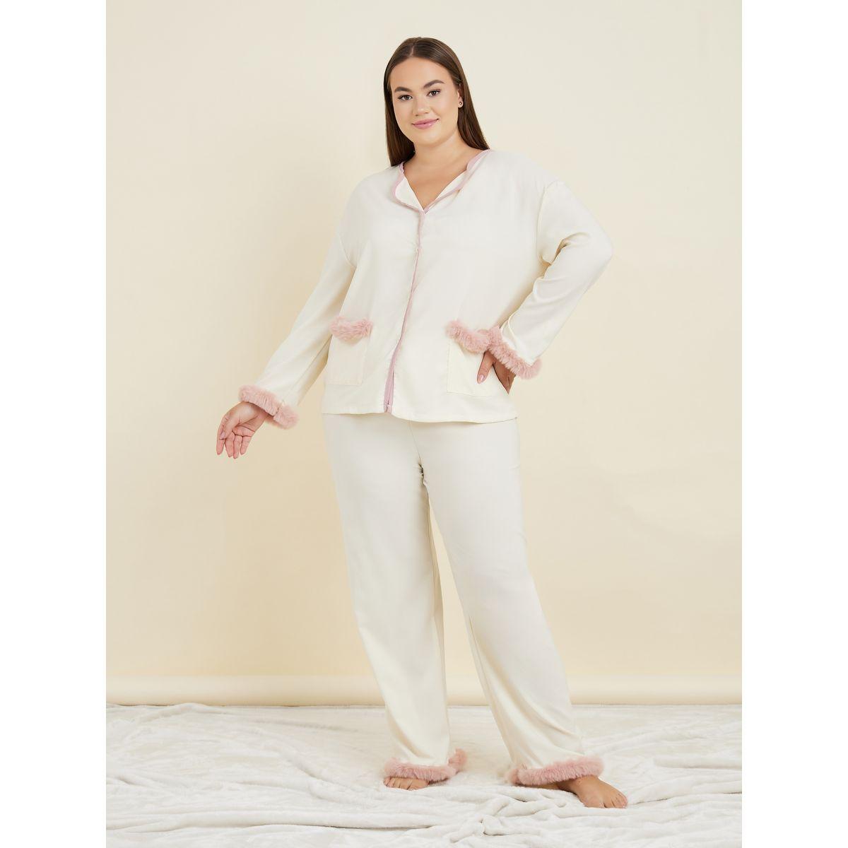 Styli Unwind Plus Faux Fur Trim Piped Edge Shirt & Pyjama Set-women-clothing-nightwear-pyjamas-longsets-image-1