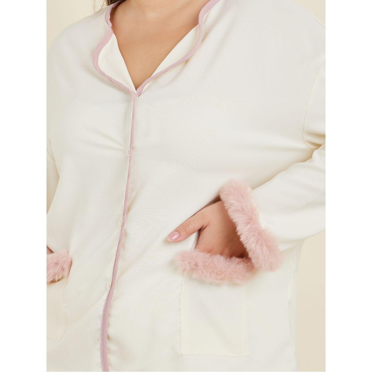 Styli Unwind Plus Faux Fur Trim Piped Edge Shirt & Pyjama Set-women-clothing-nightwear-pyjamas-longsets-image-3