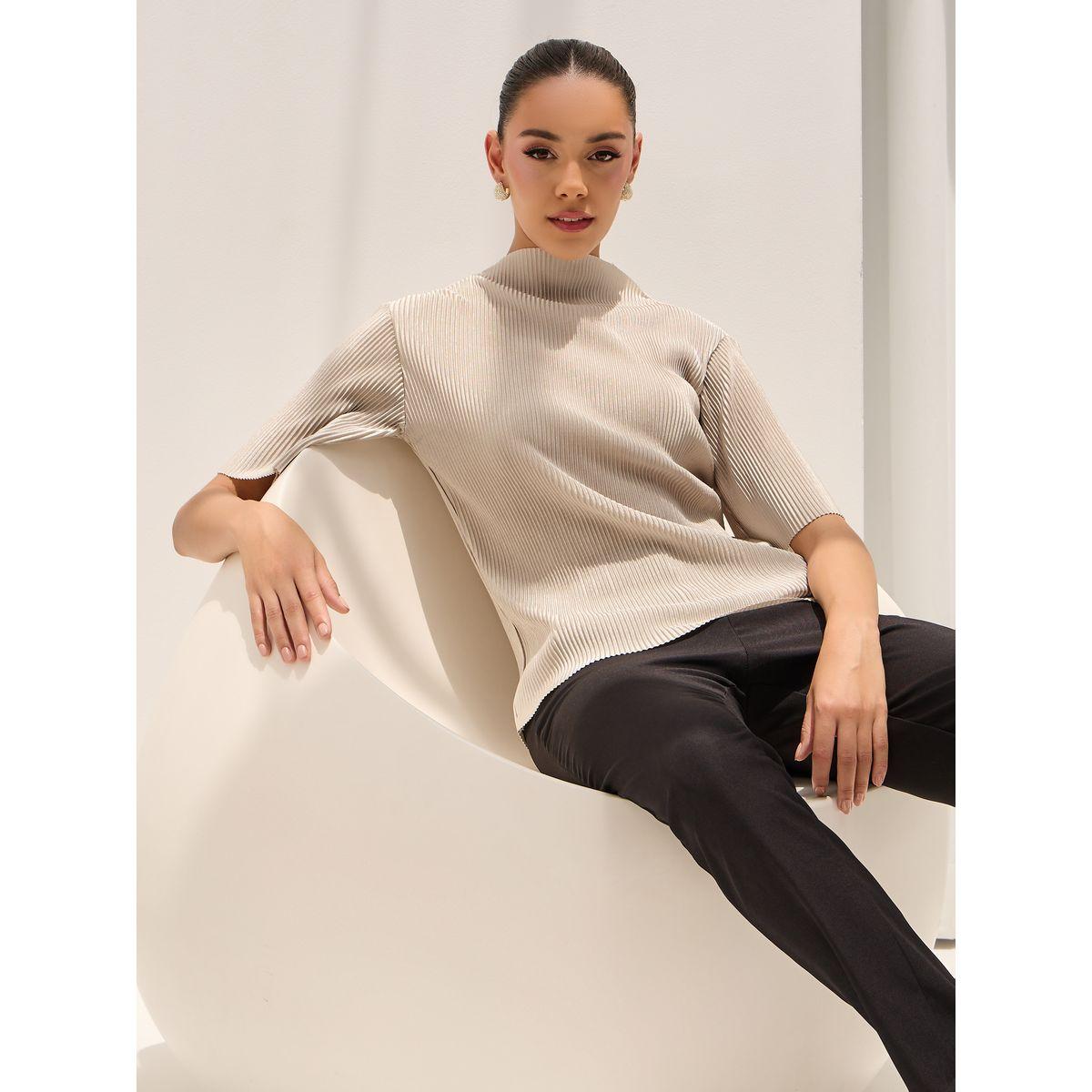 Styli Regular Fit Plisse Textured High Neck T-Shirt-women-clothing-tshirts-image-1