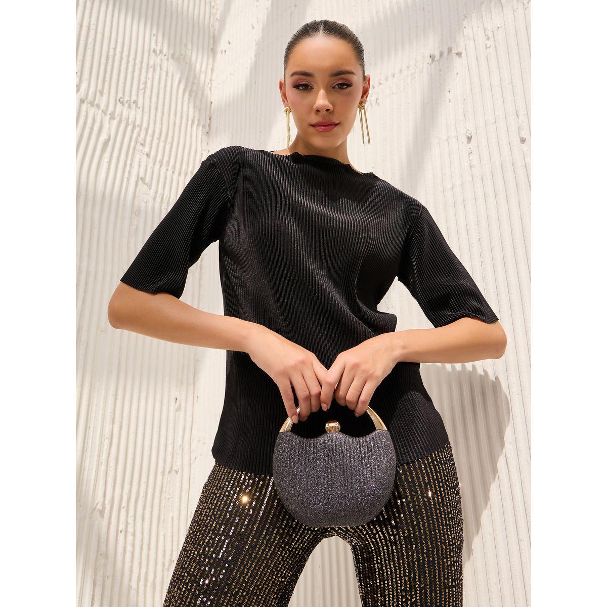 تيشيرت بياقة عالية وتفاصيل بارزة الملمس-women-clothing-tshirts-image-1