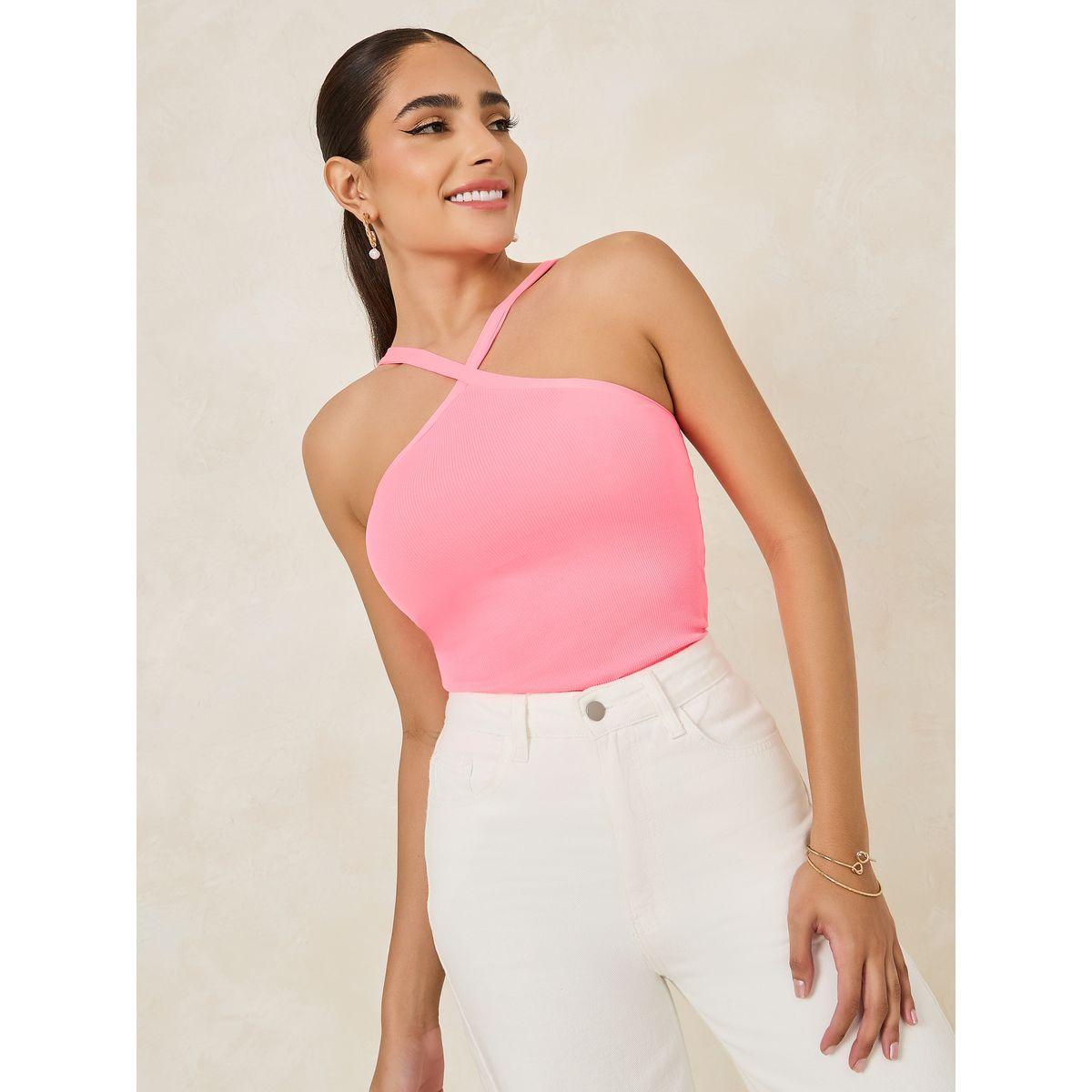 بلوزة مضلعة بلا اكمام مع ياقة هولتر-women-clothing-tshirts-image-1