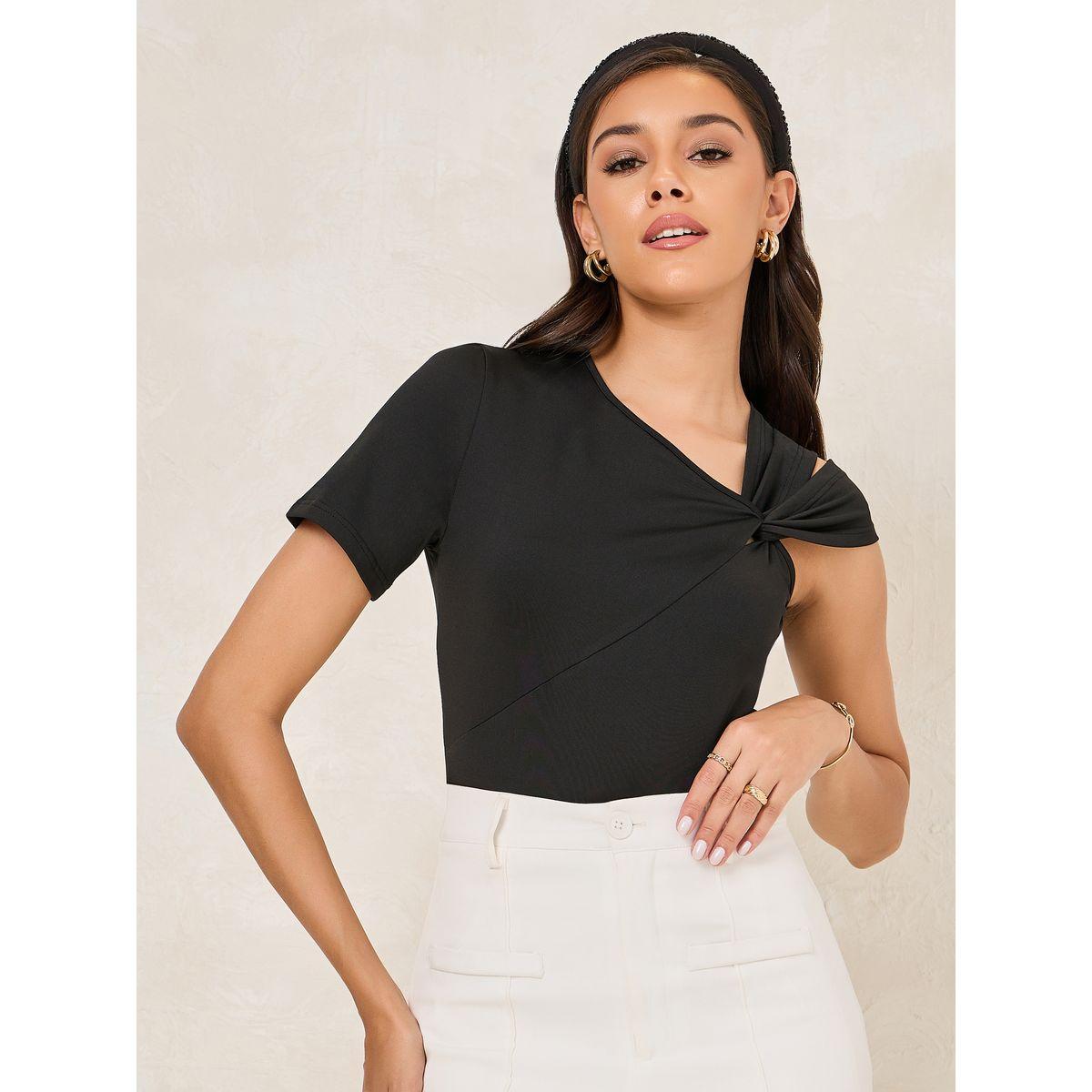 Styli Fitted Asymmetric Neck T-Shirt with Cut-Out Detail-women-clothing-tshirts-image-1