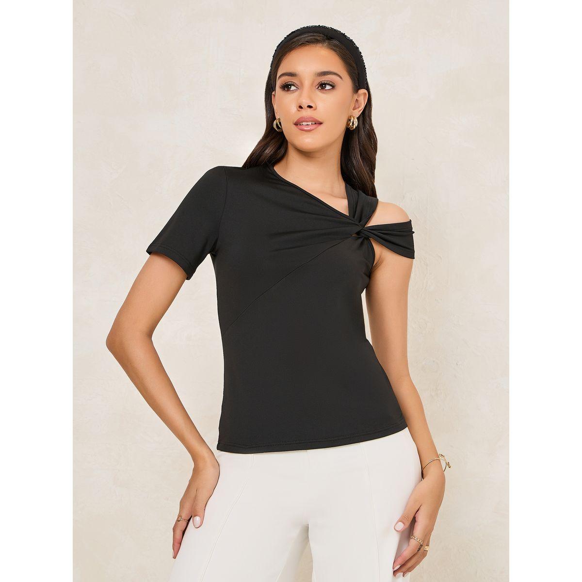 Styli Fitted Asymmetric Neck T-Shirt with Cut-Out Detail-women-clothing-tshirts-image-2