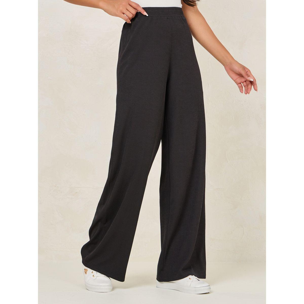 بنطال مضلع بارجل واسعة مع خصر مطاطي-women-clothing-bottoms-trousers-image-1