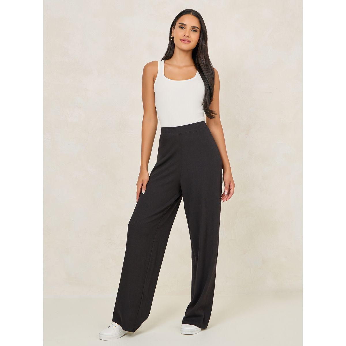 بنطال مضلع بارجل واسعة مع خصر مطاطي-women-clothing-bottoms-trousers-image-2