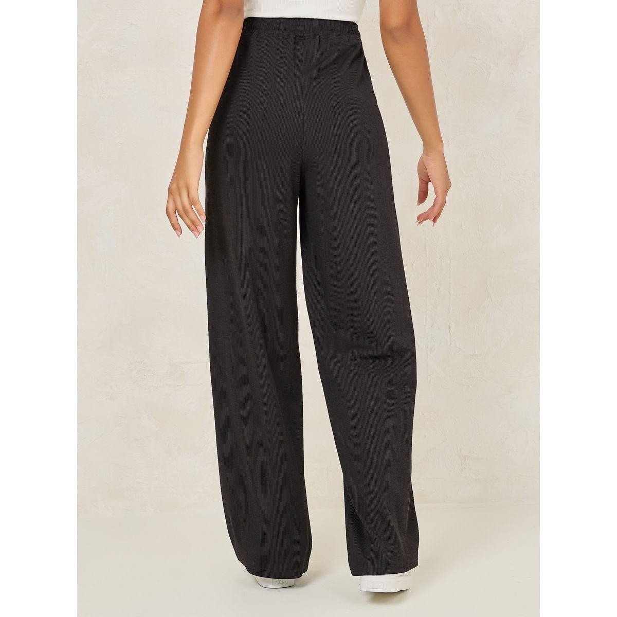 بنطال مضلع بارجل واسعة مع خصر مطاطي-women-clothing-bottoms-trousers-image-4