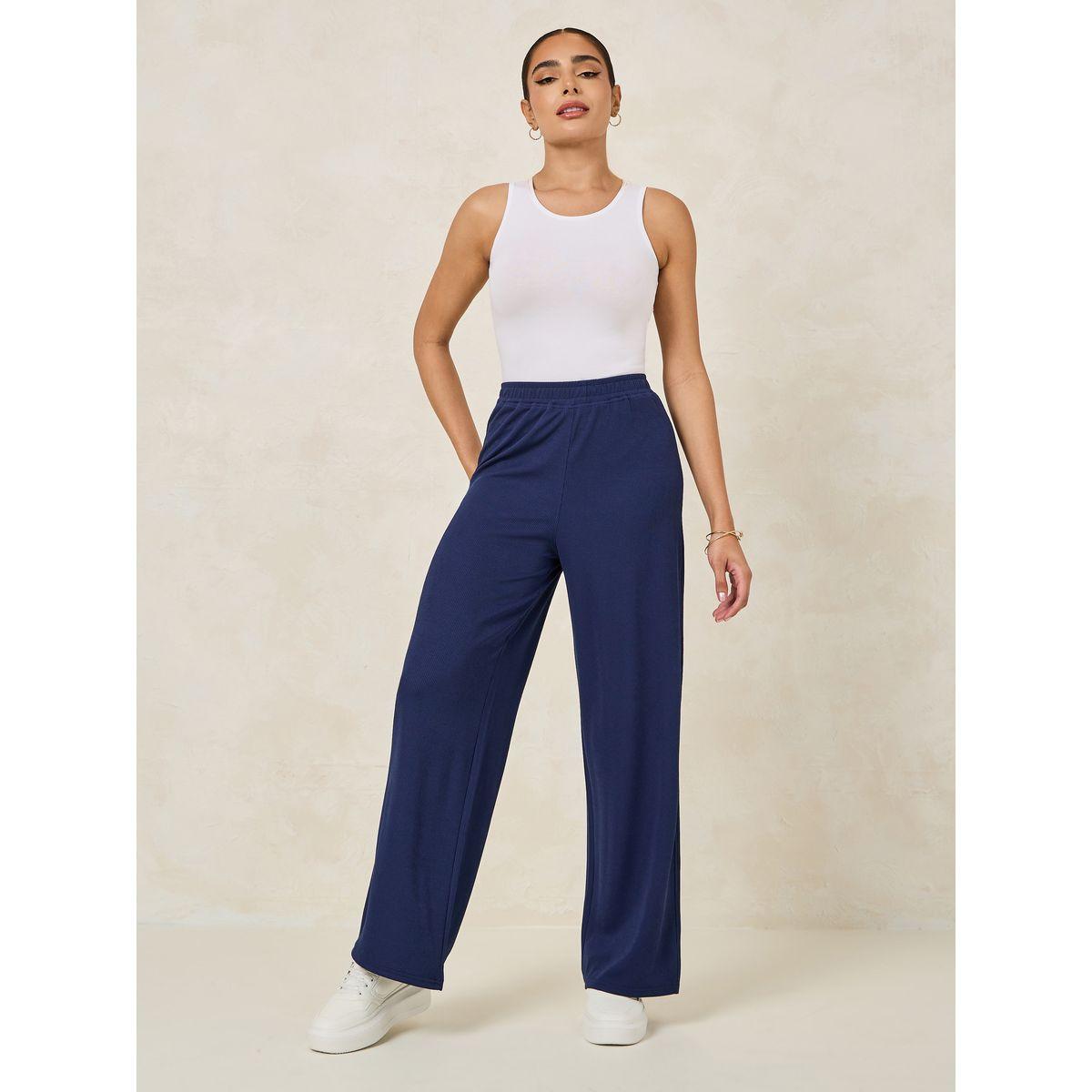 بنطال سادة مضلع بارجل واسعة-women-clothing-bottoms-trousers-image-2