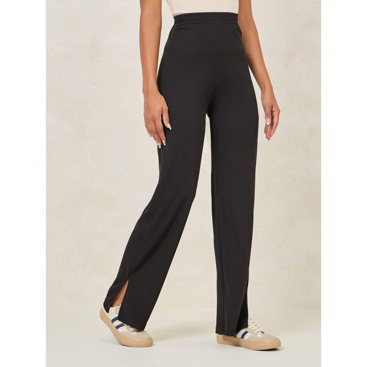 بنطال مضلع بارجل مستقيمة وشق جانبي-women-clothing-bottoms-trousers-image-1