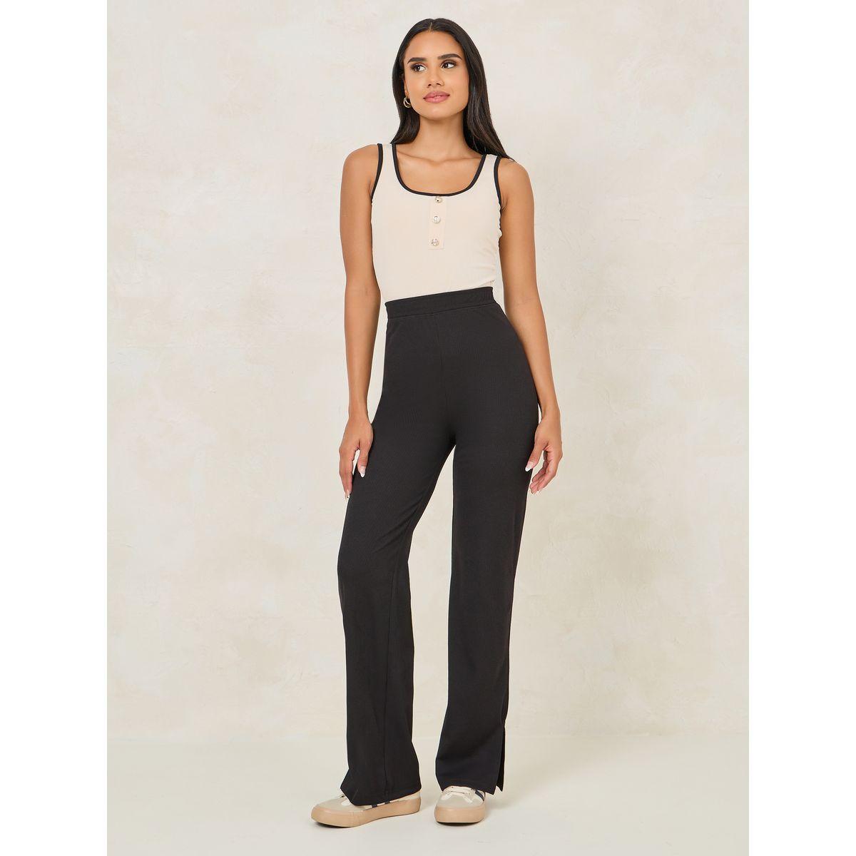 بنطال مضلع بارجل مستقيمة وشق جانبي-women-clothing-bottoms-trousers-image-2