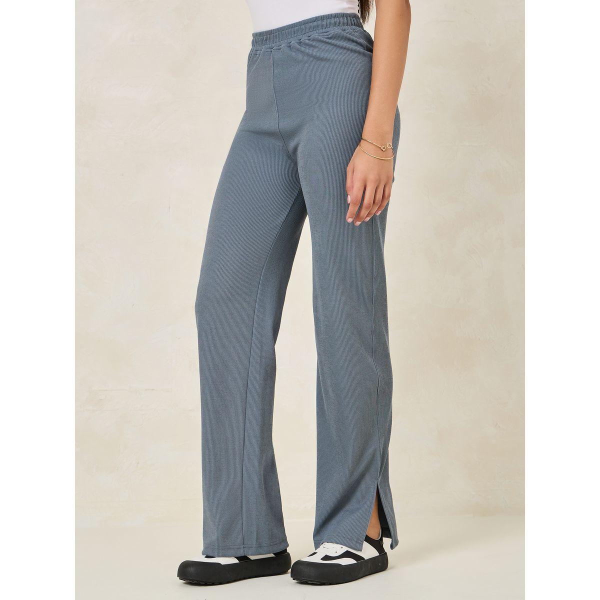 بنطال مضلع بقصة مستقيمة وشق جانبي-women-clothing-bottoms-trousers-image-1