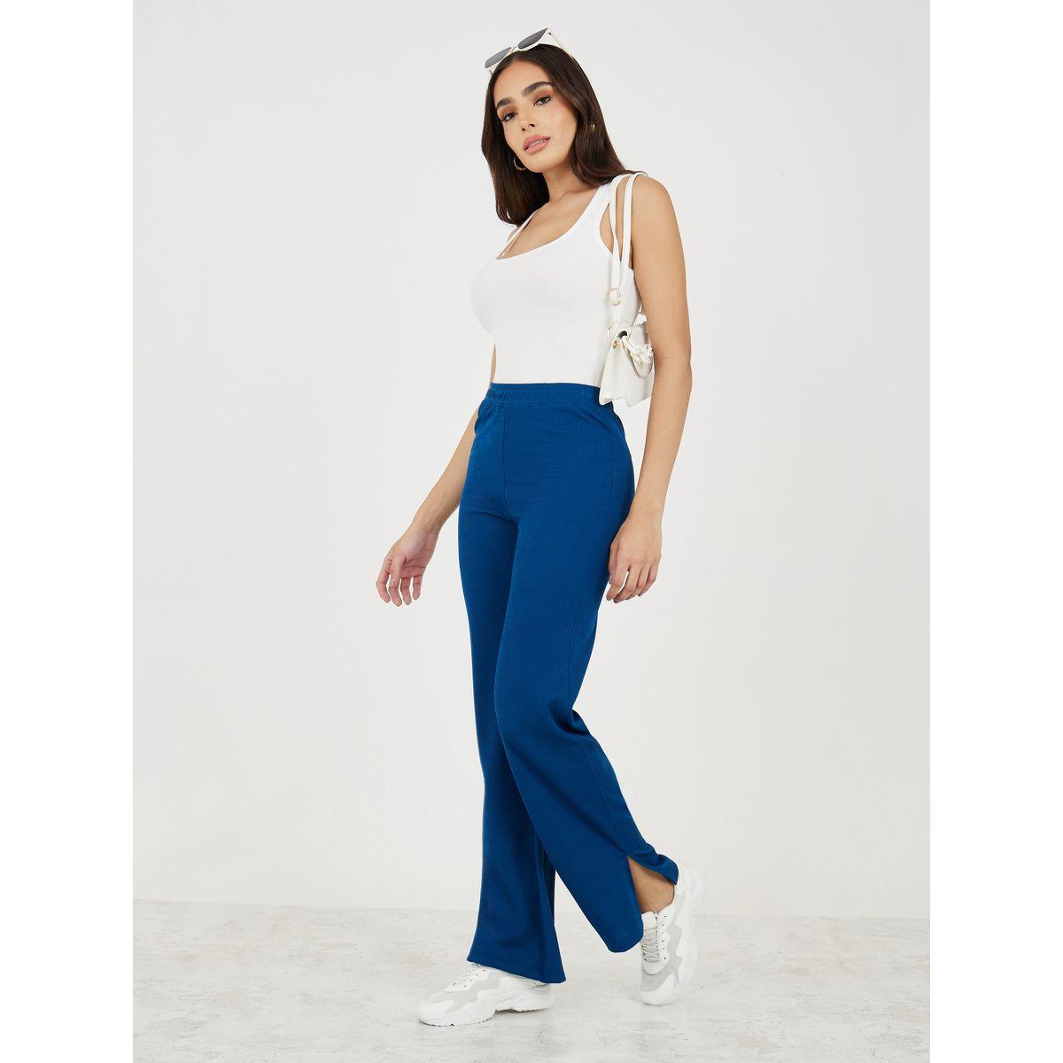 بنطال مضلع بارجل مستقيمة مع شق جانبي-women-clothing-bottoms-trousers-image-2