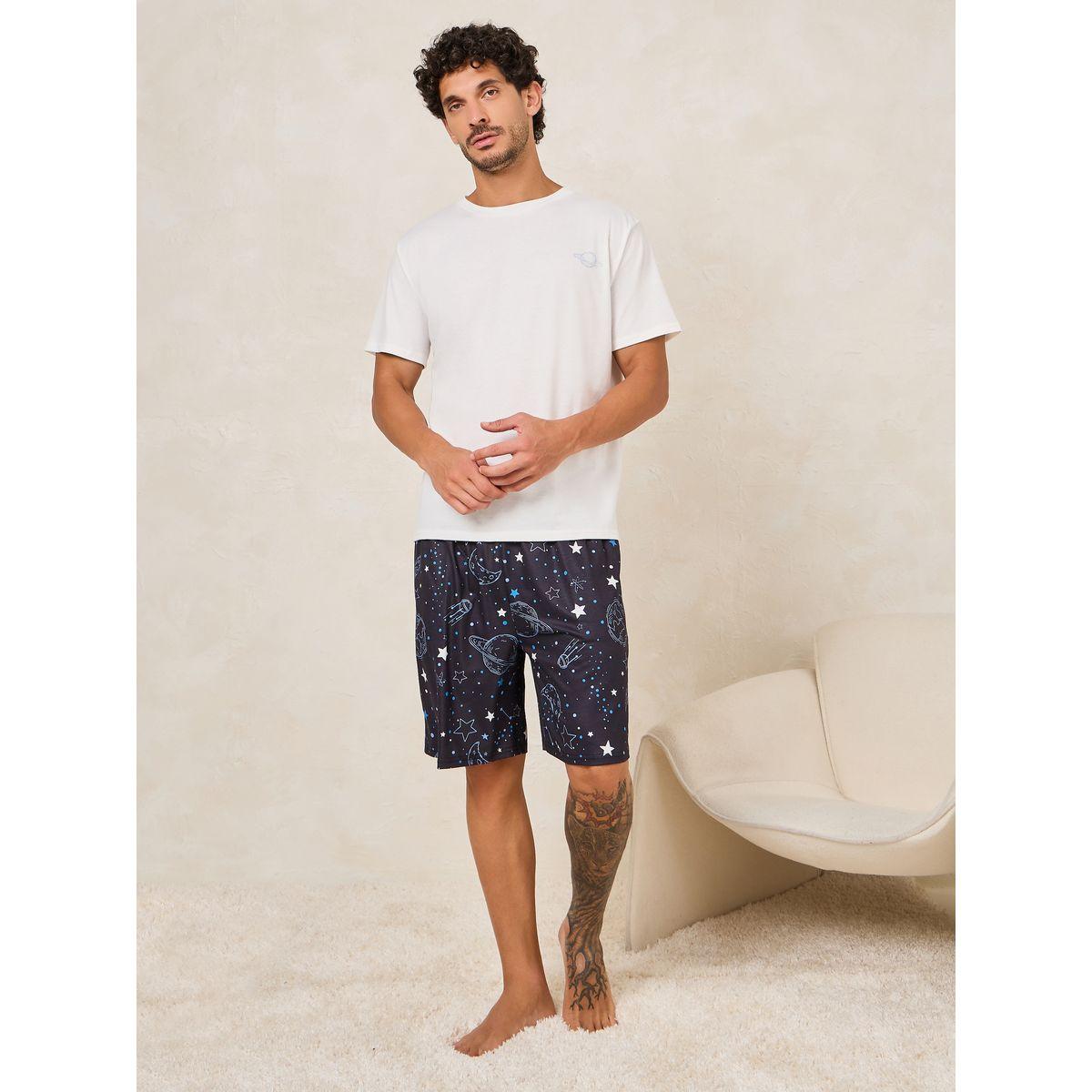 Styli Unwind Solid Crew Neck T-Shirt & Galaxy Print Shorts Set-men-clothing-nightwear-sets-image-1