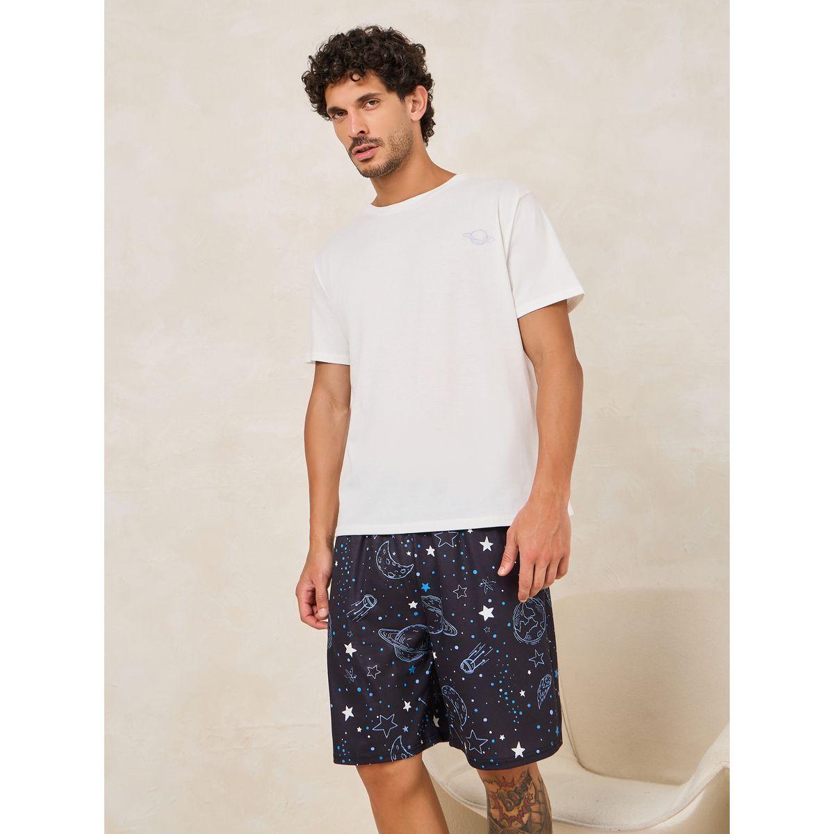 Styli Unwind Solid Crew Neck T-Shirt & Galaxy Print Shorts Set-men-clothing-nightwear-sets-image-2