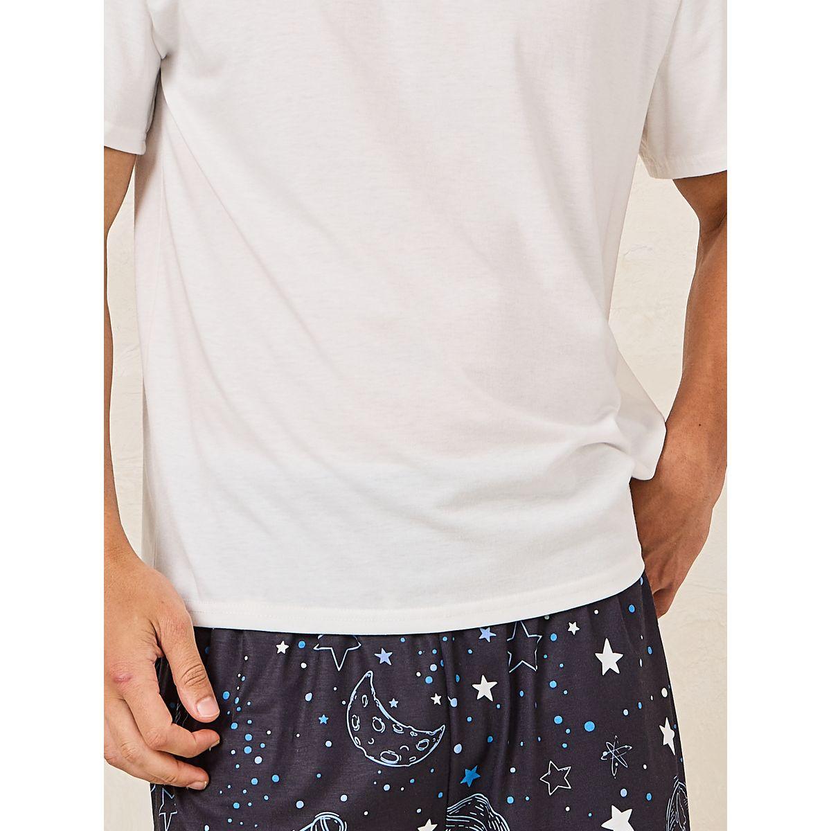 Styli Unwind Solid Crew Neck T-Shirt & Galaxy Print Shorts Set-men-clothing-nightwear-sets-image-3