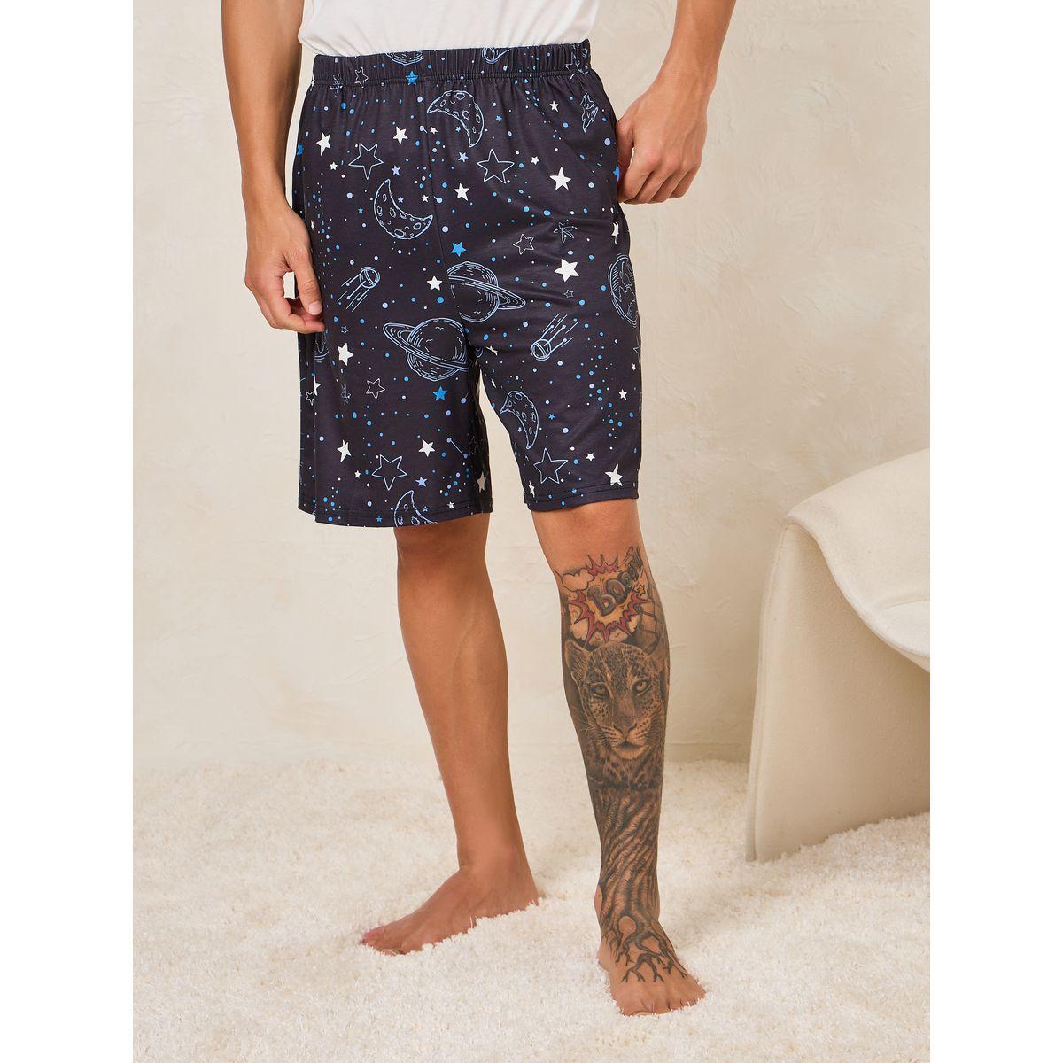 Styli Unwind Solid Crew Neck T-Shirt & Galaxy Print Shorts Set-men-clothing-nightwear-sets-image-4