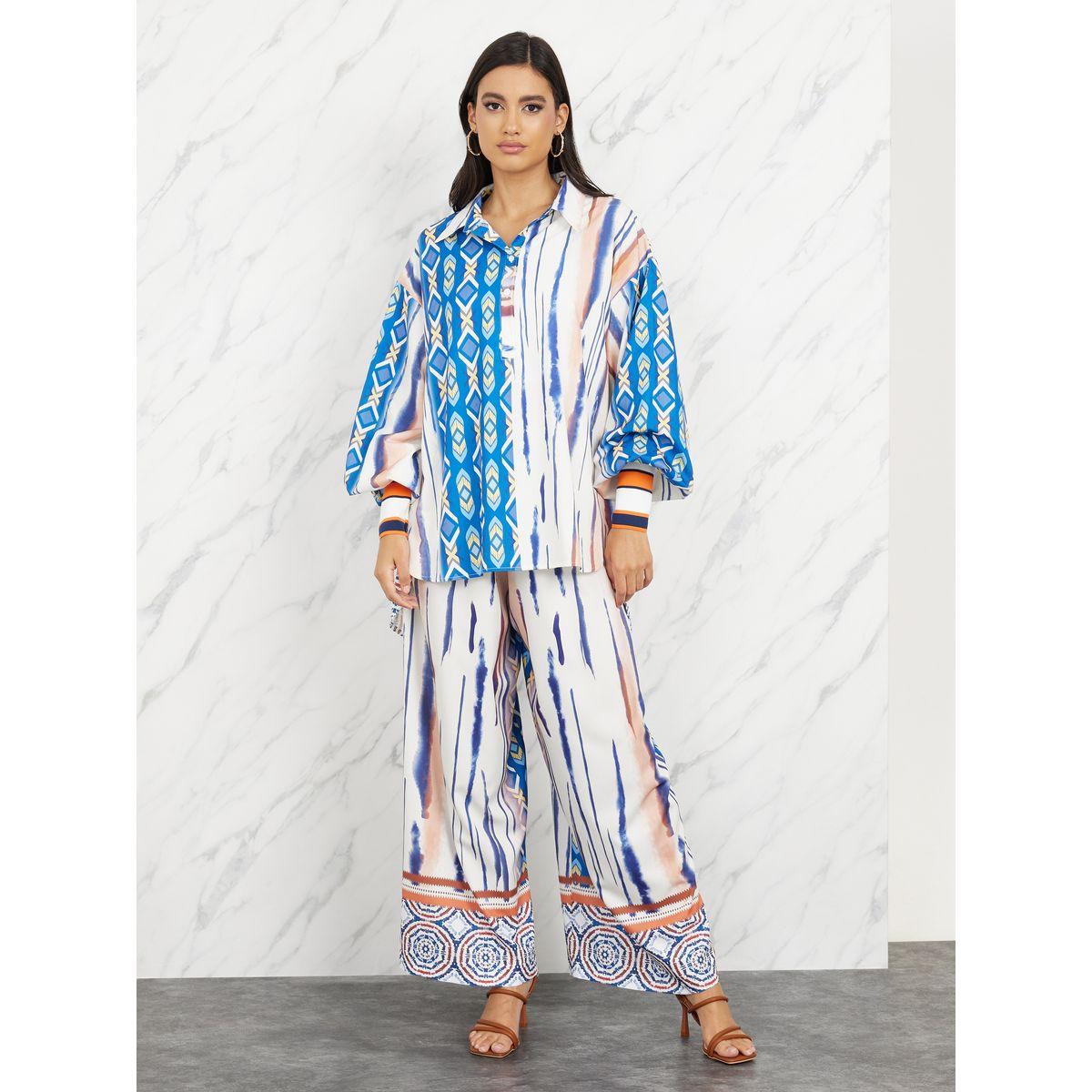 Styli Abstract Print Drop Shoulder Shirt and Wide Leg Pant Set-women-clothing-coordsets-image-1