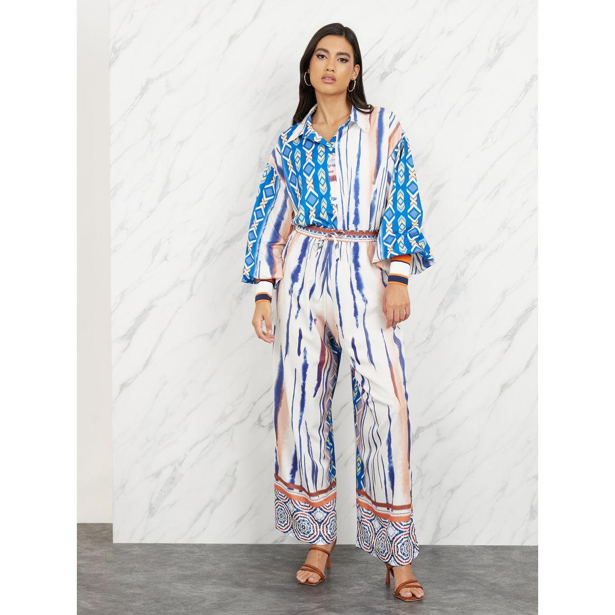 Styli Abstract Print Drop Shoulder Shirt and Wide Leg Pant Set-women-clothing-coordsets-image-2