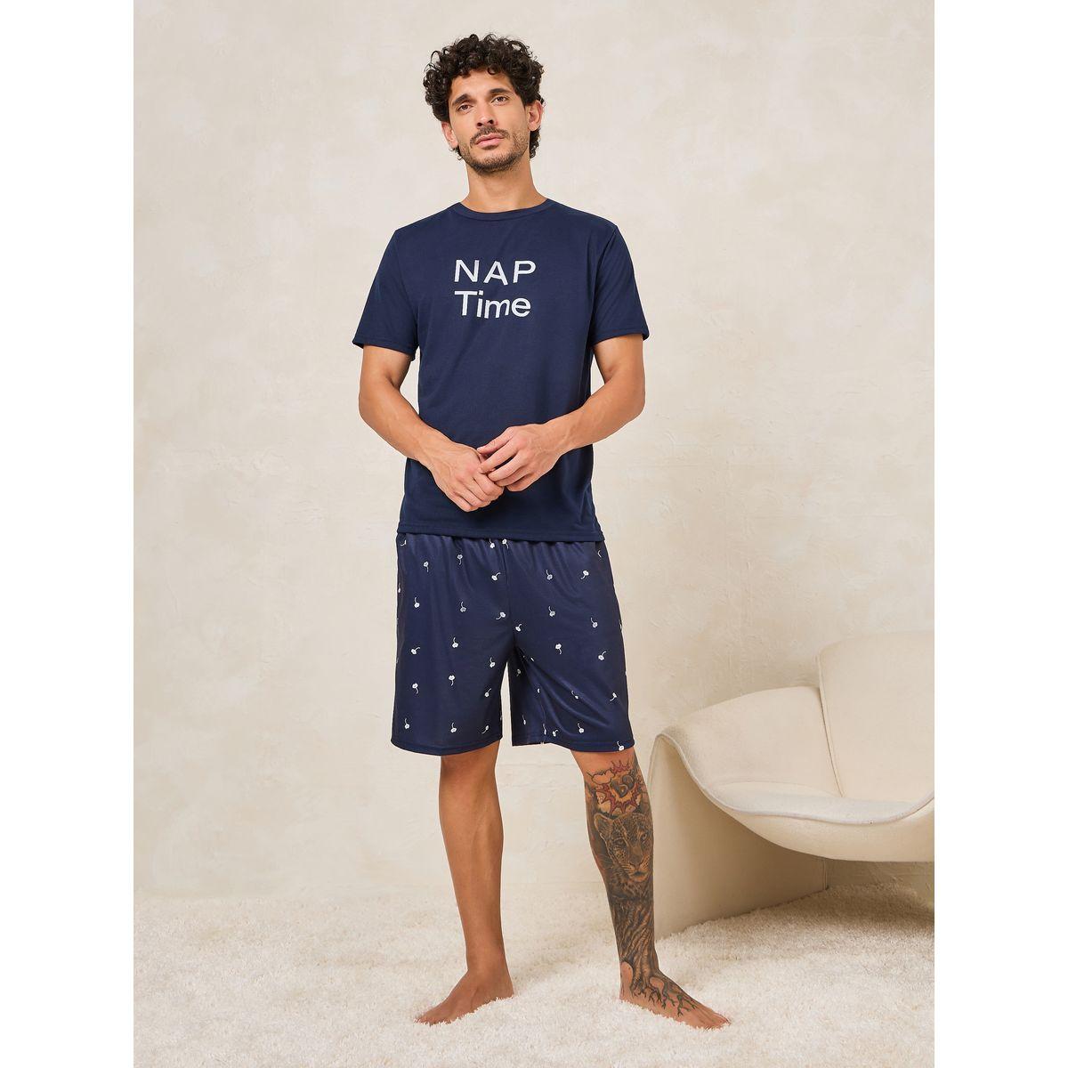 Styli Unwind Nap Time Slogan Print T-Shirt & Shorts Set-men-clothing-nightwear-sets-image-1
