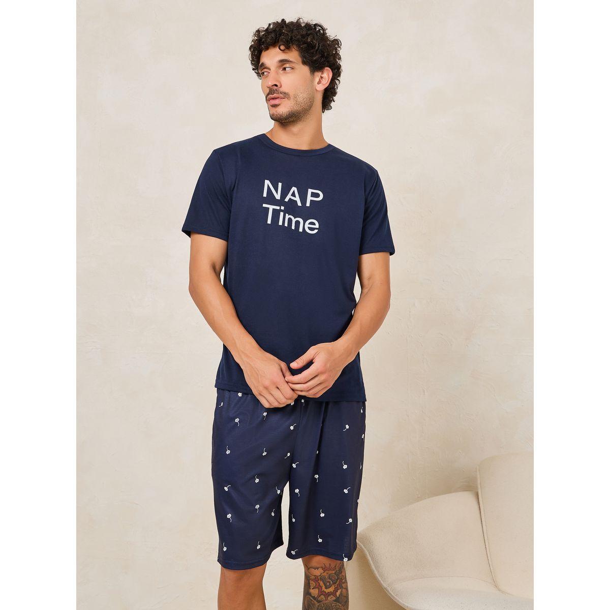 Styli Unwind Nap Time Slogan Print T-Shirt & Shorts Set-men-clothing-nightwear-sets-image-2