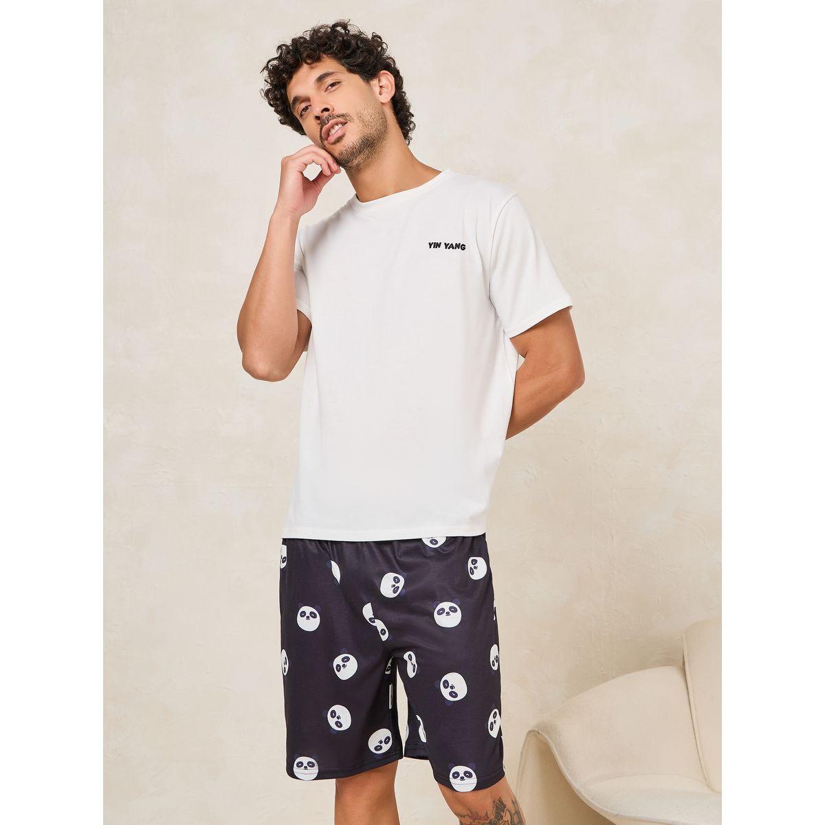 Styli Unwind Panda Print Crew Neck T-Shirt & Shorts Set-men-clothing-nightwear-sets-image-2