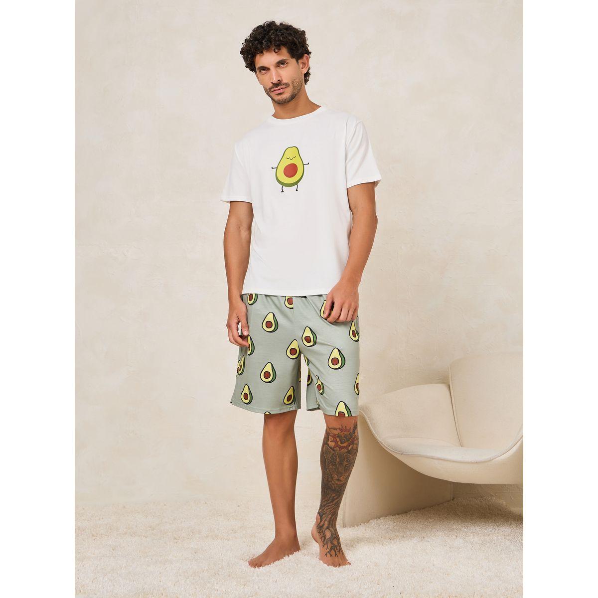 Styli Unwind Crew Neck Avocado Print T-Shirt & Shorts Set-men-clothing-nightwear-sets-image-1