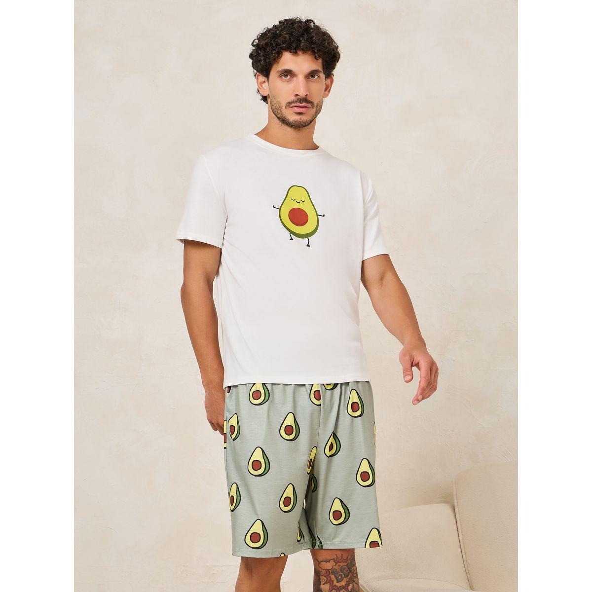 Styli Unwind Crew Neck Avocado Print T-Shirt & Shorts Set-men-clothing-nightwear-sets-image-2
