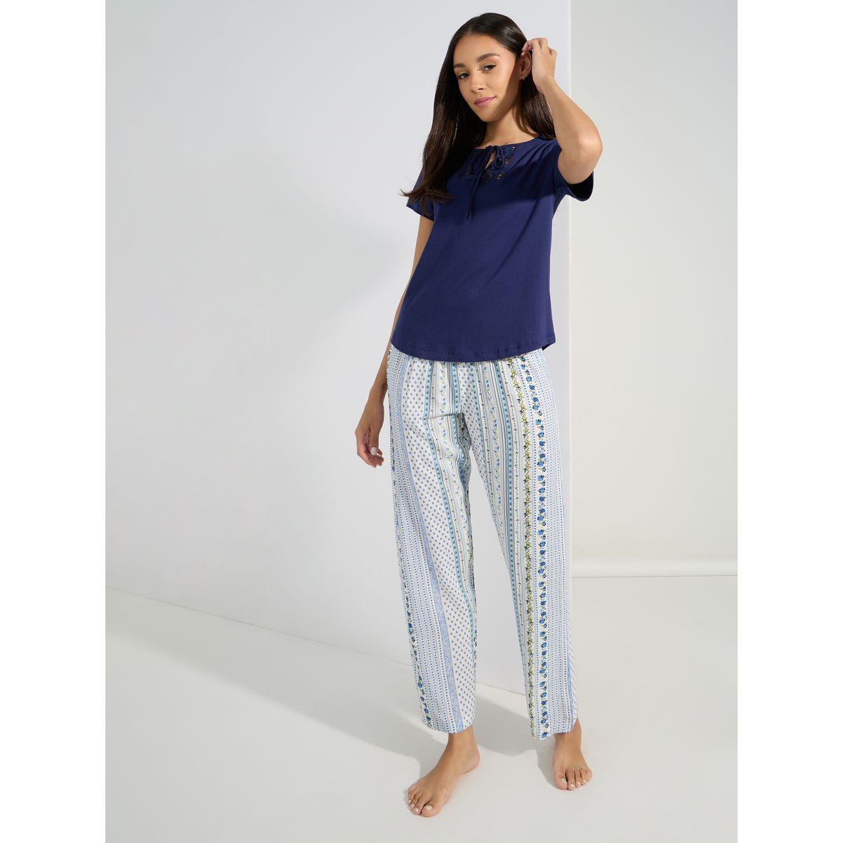 Styli Unwind Lace Insert Tie Neck T-Shirt & Patchwork Pyjama Set-women-clothing-nightwear-pyjamas-longsets-image-1