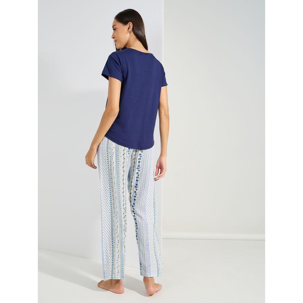 Styli Unwind Lace Insert Tie Neck T-Shirt & Patchwork Pyjama Set-women-clothing-nightwear-pyjamas-longsets-image-5