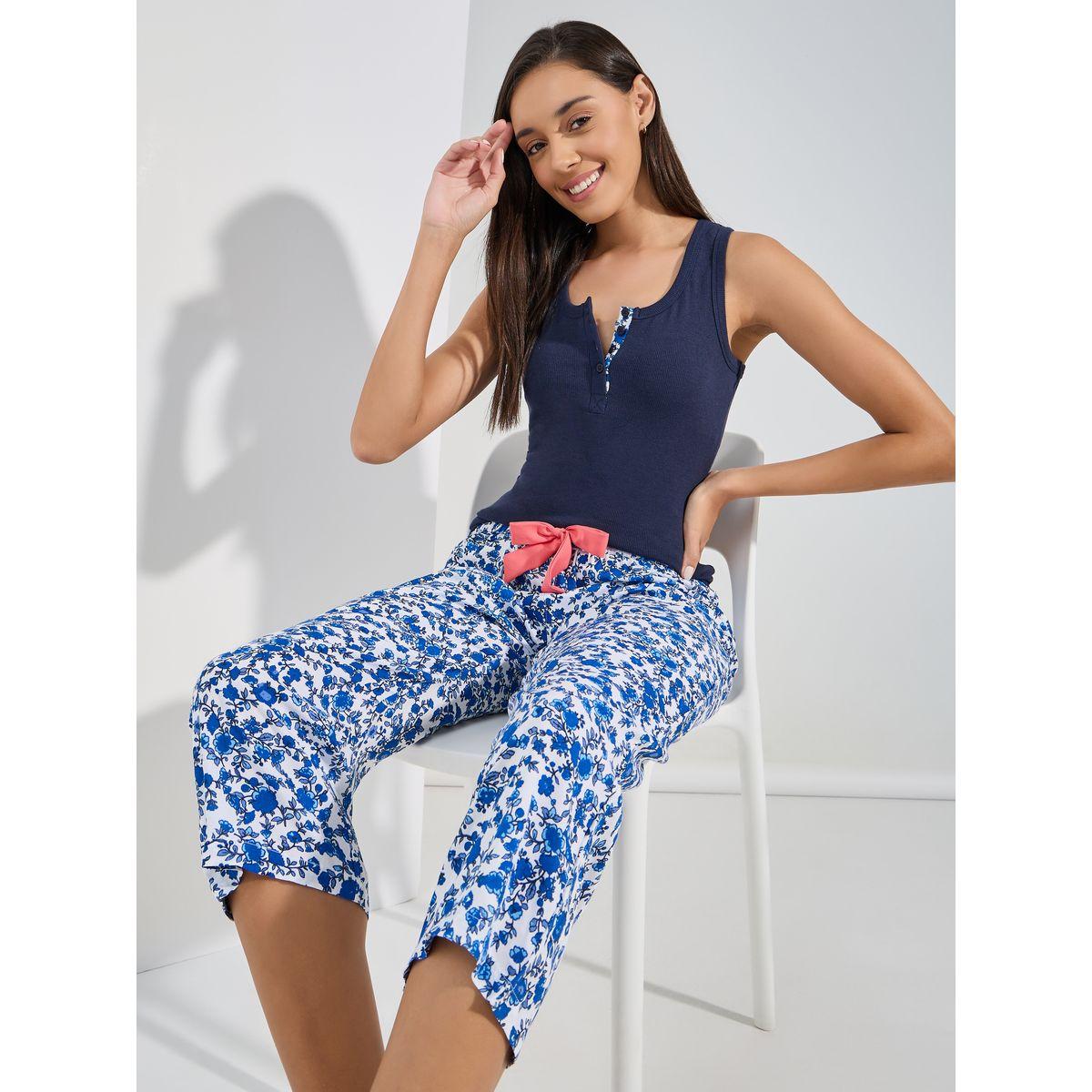 Styli Unwind Rib Contrast Placket Vest & Floral Capri Set-women-clothing-nightwear-pyjamas-longsets-image-1