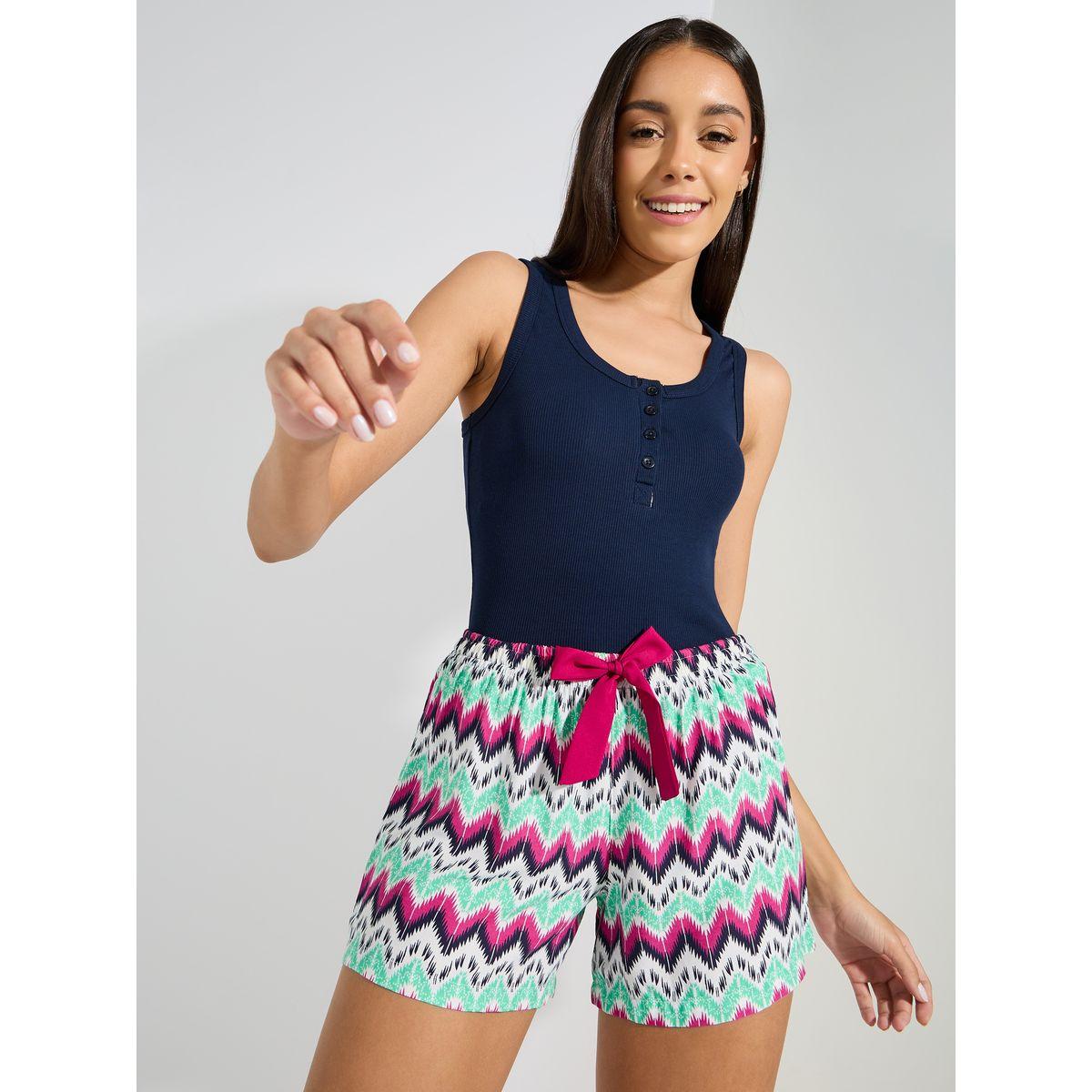 مجموعة من شورت ازتيك مع فيست مضلع بتداخلات مُتباينة-women-clothing-nightwear-pyjamas-shortsets-image-1