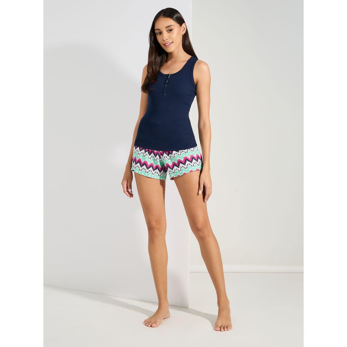 Styli Unwind Rib Contrast Placket Vest & Aztec Shorts Set-women-clothing-nightwear-pyjamas-shortsets-image-2