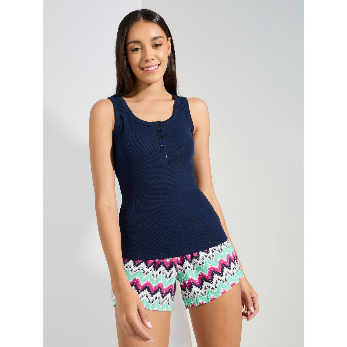 Styli Unwind Rib Contrast Placket Vest & Aztec Shorts Set-women-clothing-nightwear-pyjamas-shortsets-image-3