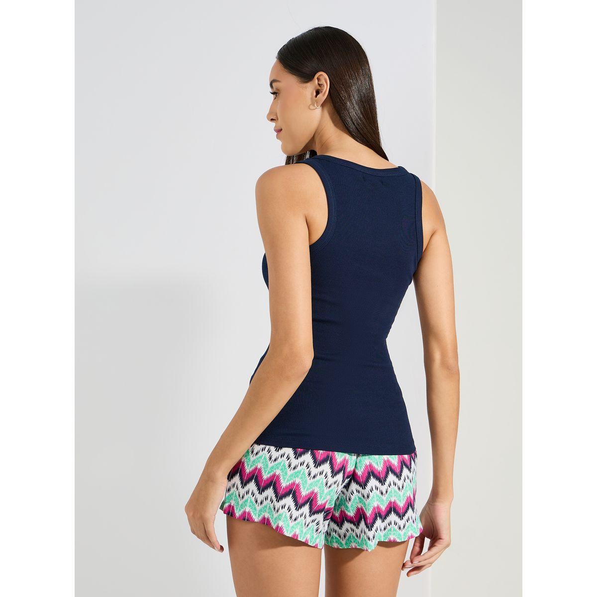 Styli Unwind Rib Contrast Placket Vest & Aztec Shorts Set-women-clothing-nightwear-pyjamas-shortsets-image-6