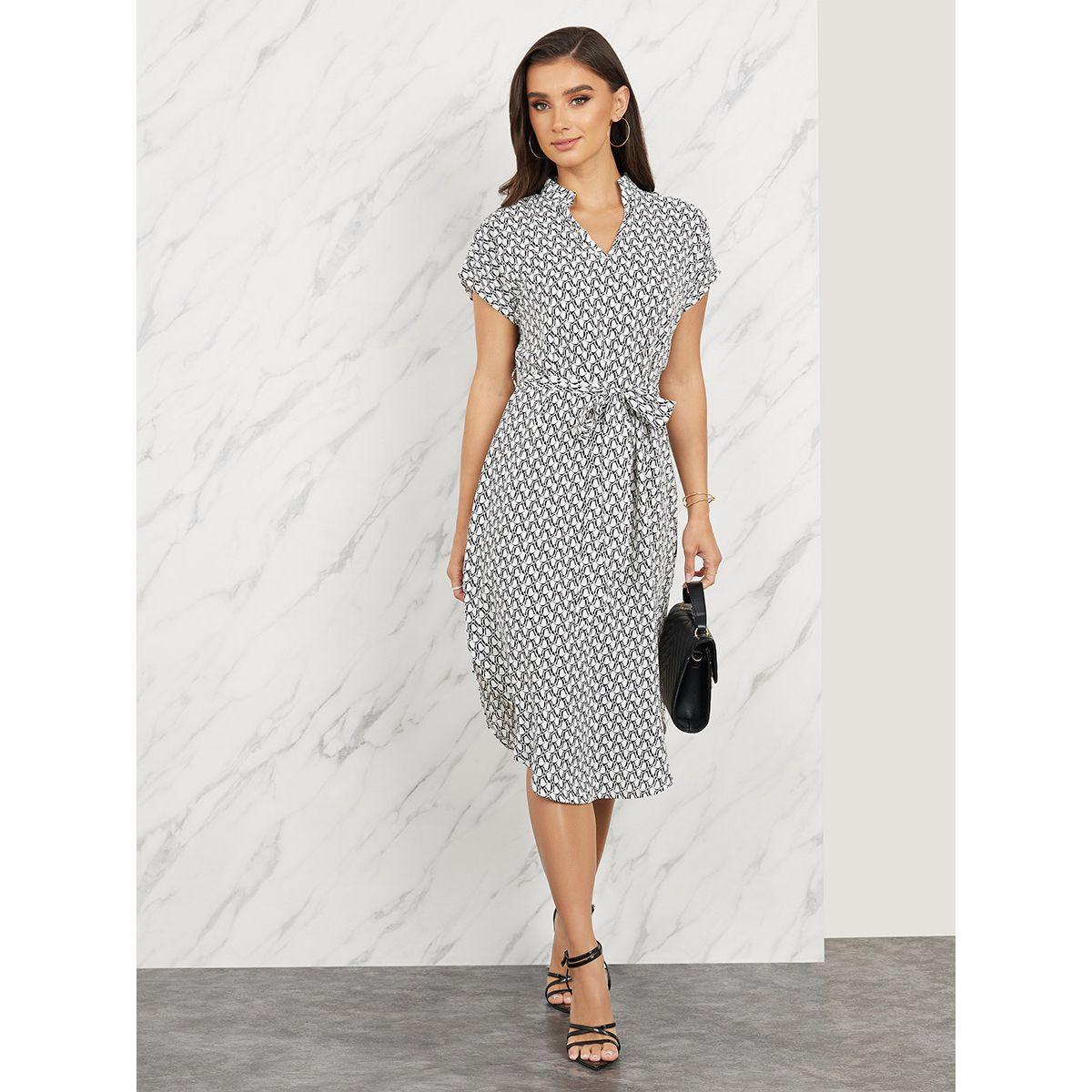 Styli Geo Print Notch Neck Knee Length Dress with Self Tie Up-women-clothing-dresses-image-1