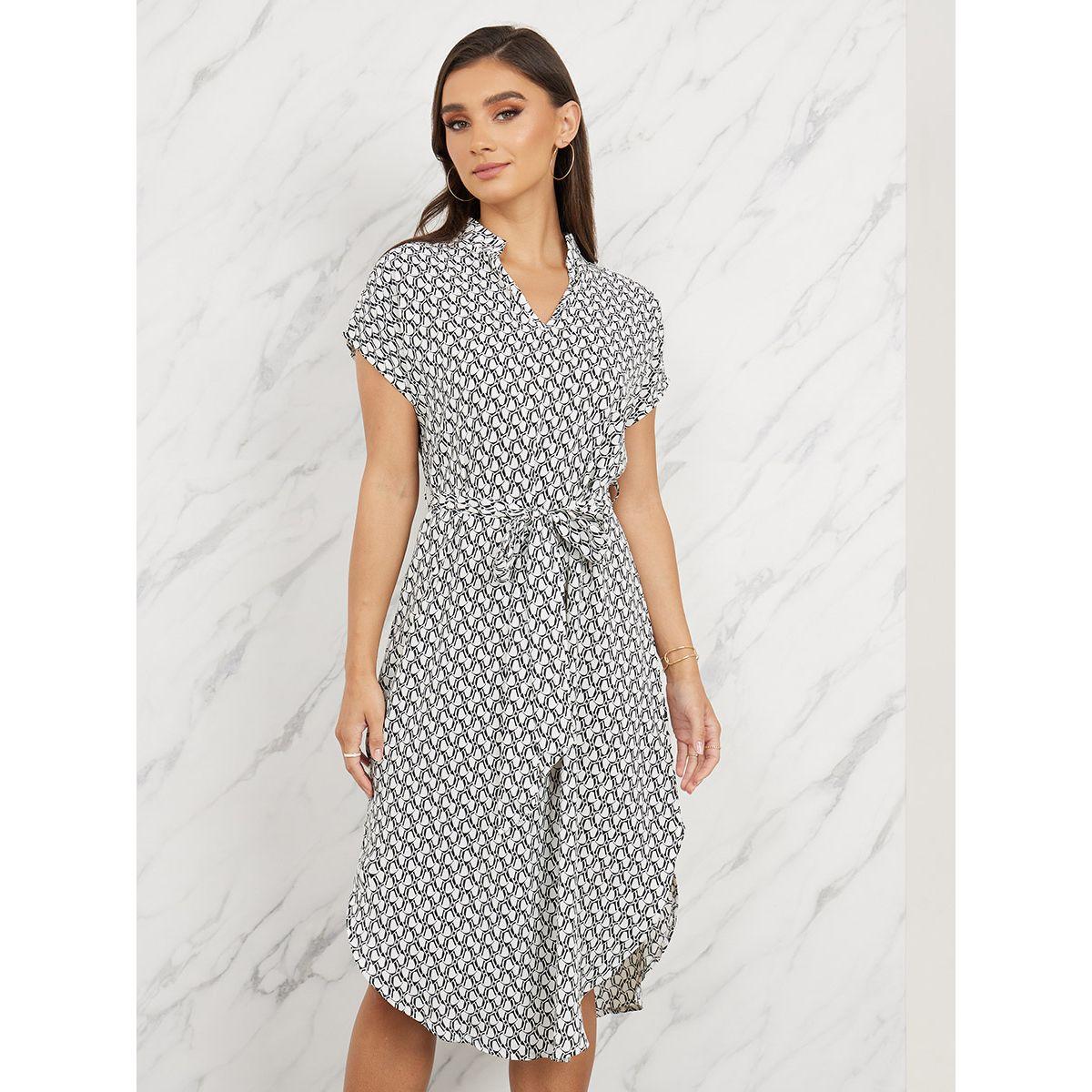 Styli Geo Print Notch Neck Knee Length Dress with Self Tie Up-women-clothing-dresses-image-2