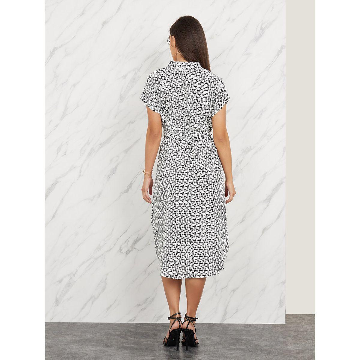 Styli Geo Print Notch Neck Knee Length Dress with Self Tie Up-women-clothing-dresses-image-4