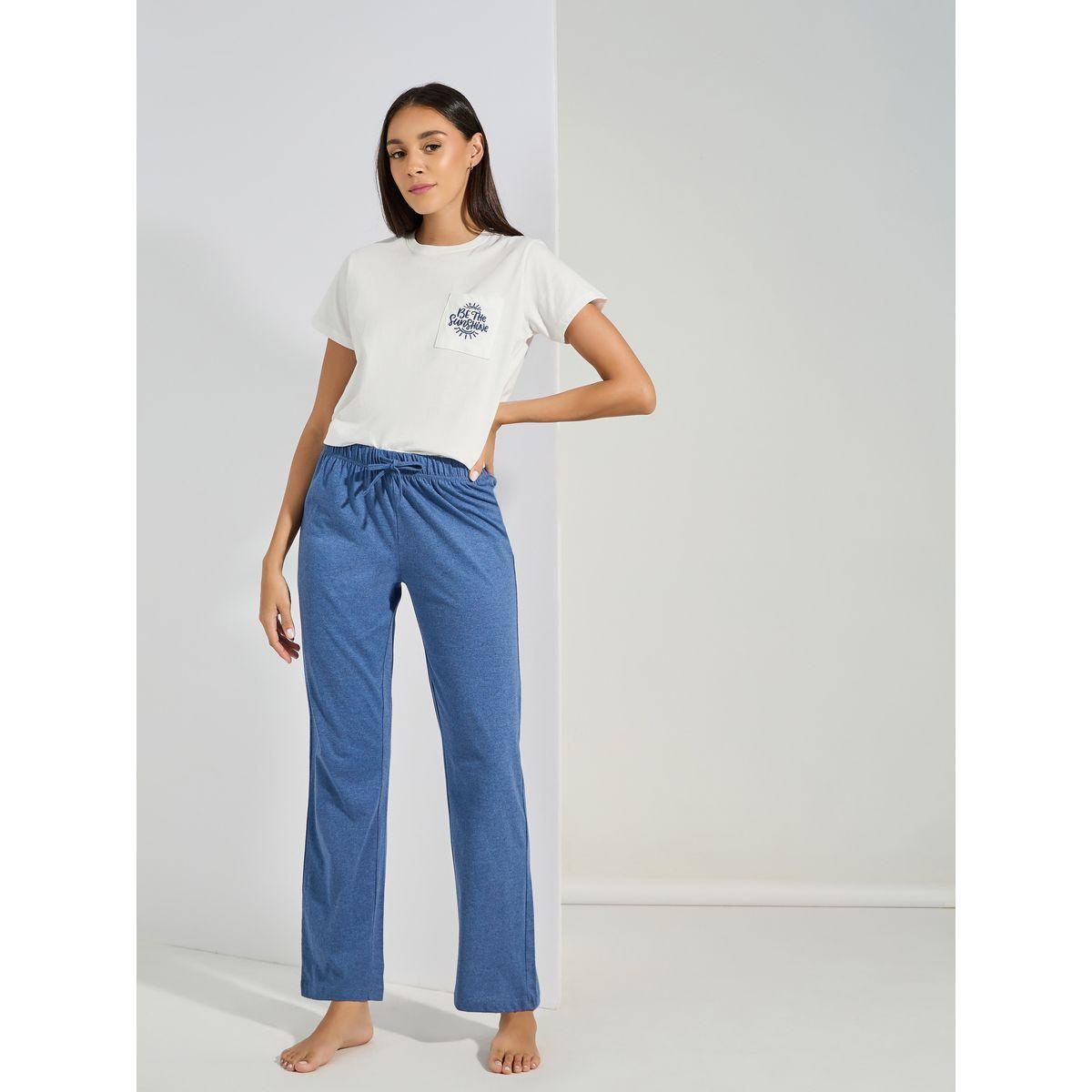 Styli Unwind Cotton Be The Sunshine Embroidered Pocket T-Shirt & Pyjama Set-women-clothing-nightwear-pyjamas-longsets-image-4