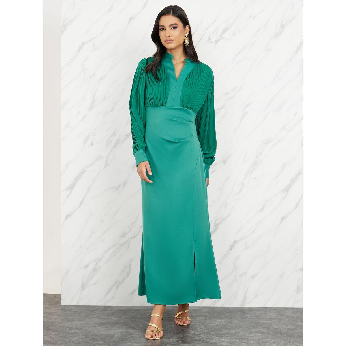 Styli Pleated Notch Neck Maxi Dress with Front Slit-women-clothing-dresses-image-1